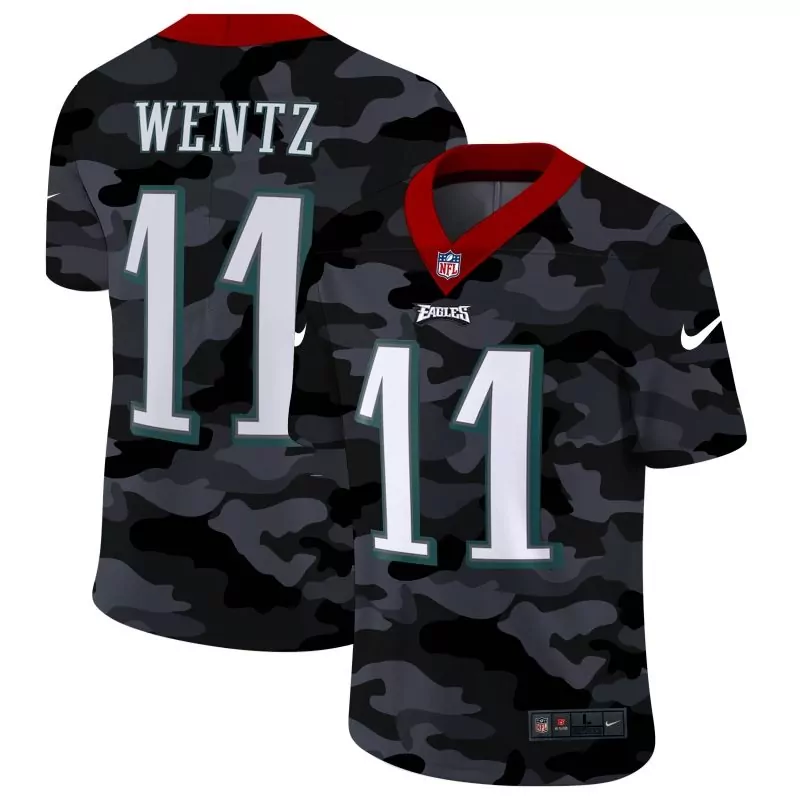 Carson Wentz 11 Eagles Jersey Black Men Camouflage Alternate Custom Design Gray White