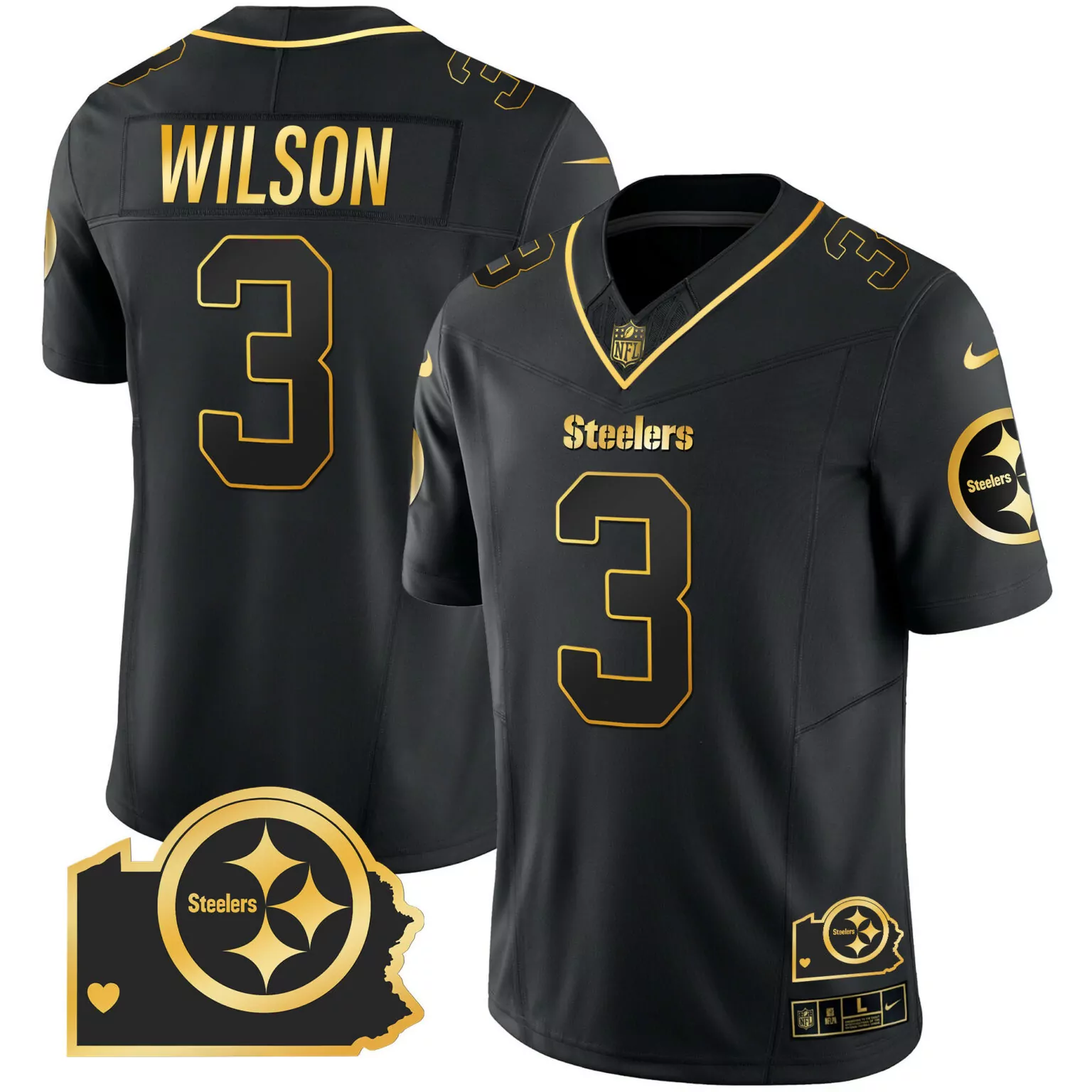 Russell Wilson 3 Steelers Jersey Black Steeler Nation Men Replica Gold Home All Stitched
