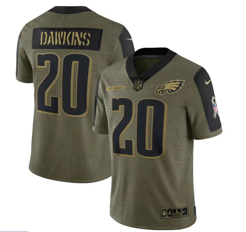 Brian Dawkins 20 Eagles Jersey Olive Salute To Service Men Game Black Gold Retired