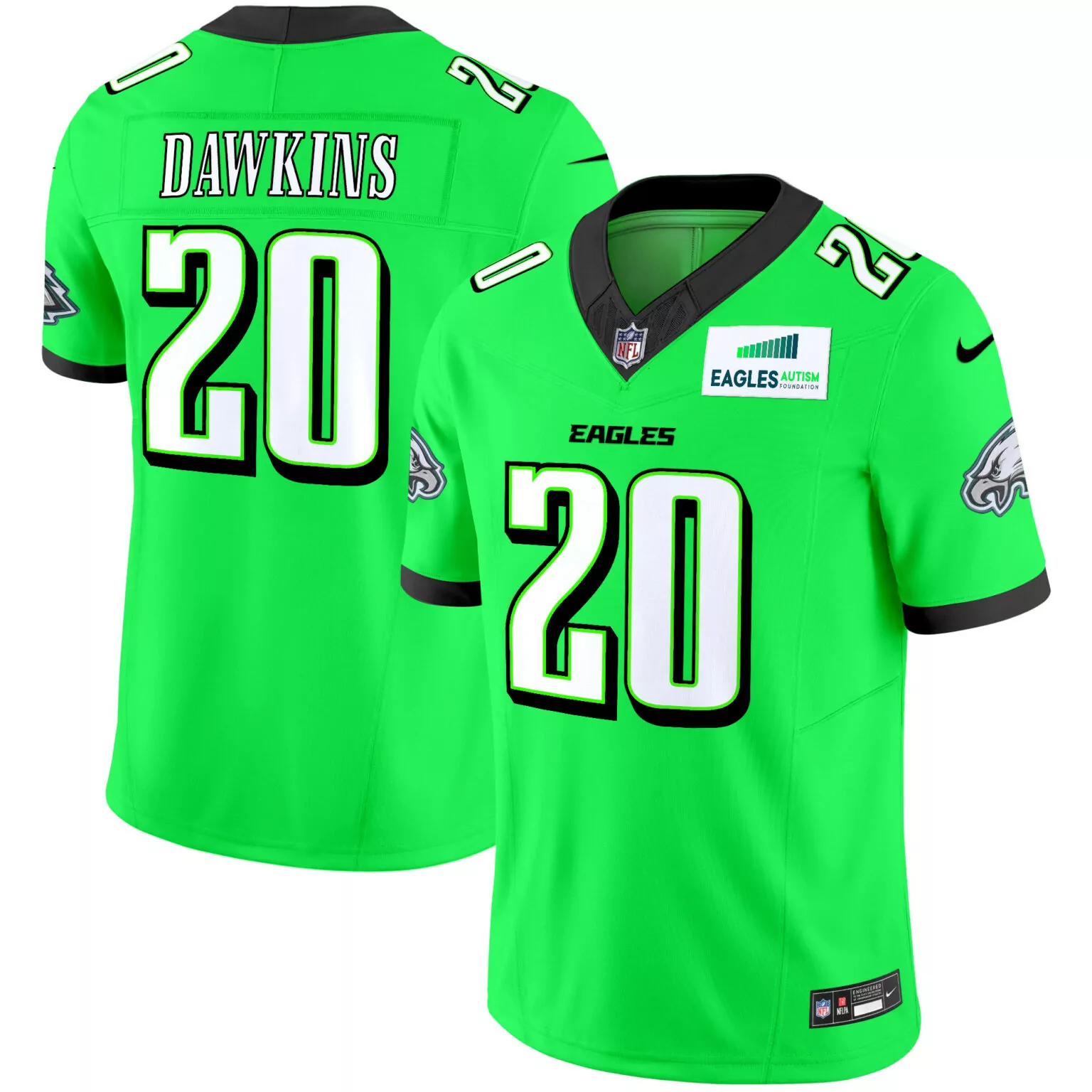 Brian Dawkins 20 Eagles Jersey Lime Green Autism Foundation 2023 Men Alternate Black