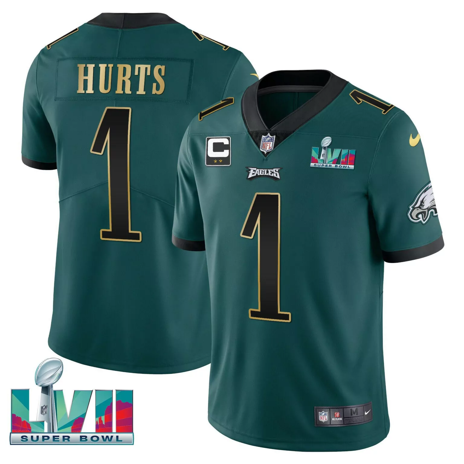 Jalen Hurts 1 Eagles Jersey Green Super Bowl Lvii Men Replica Black Gold All Stitched