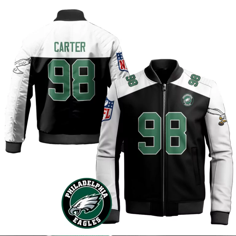 Jalen Carter 98 Jersey Black Philadelphia Eagles Men Bomber Jacket White Green Alternate