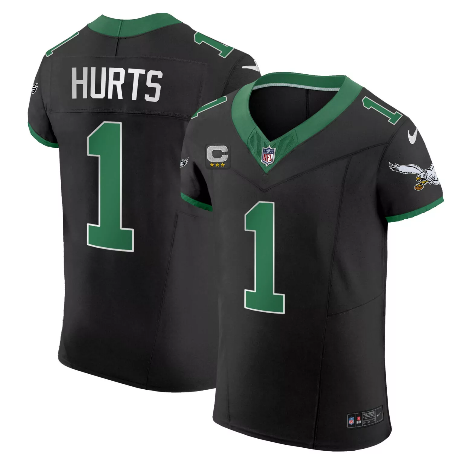 Jalen Hurts 1 Eagles Jersey Black Captain Men Standard Green All Stitched