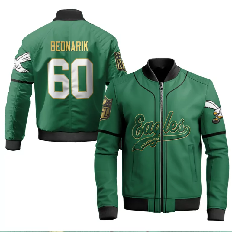 Chuck Bednarik 60 Jersey Green Philadelphia Eagles 2023 Men Bomber Jacket White Black