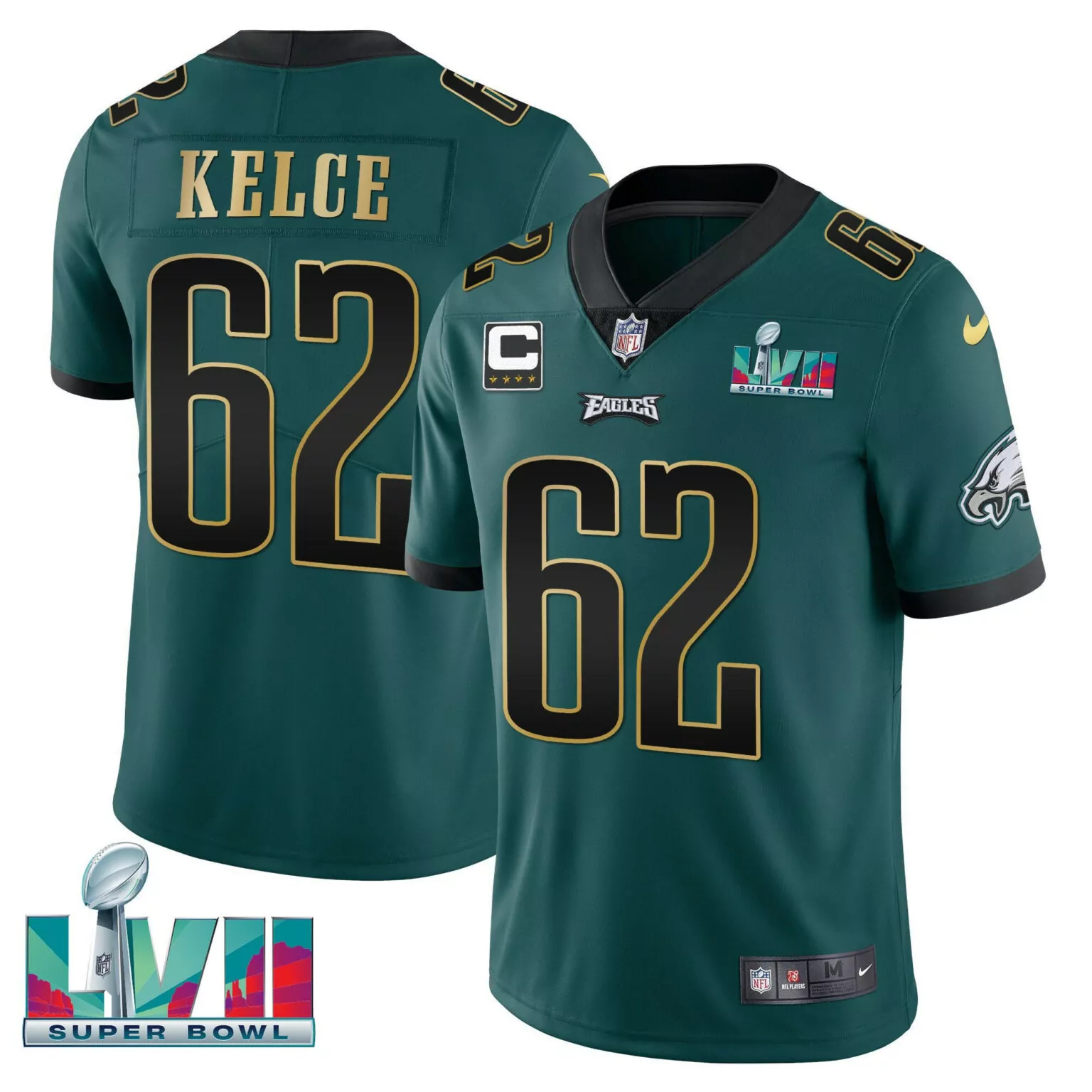 Jason Kelce 62 Eagles Jersey Green Super Bowl Lvii Captain 2022 Men NFL Black Gold