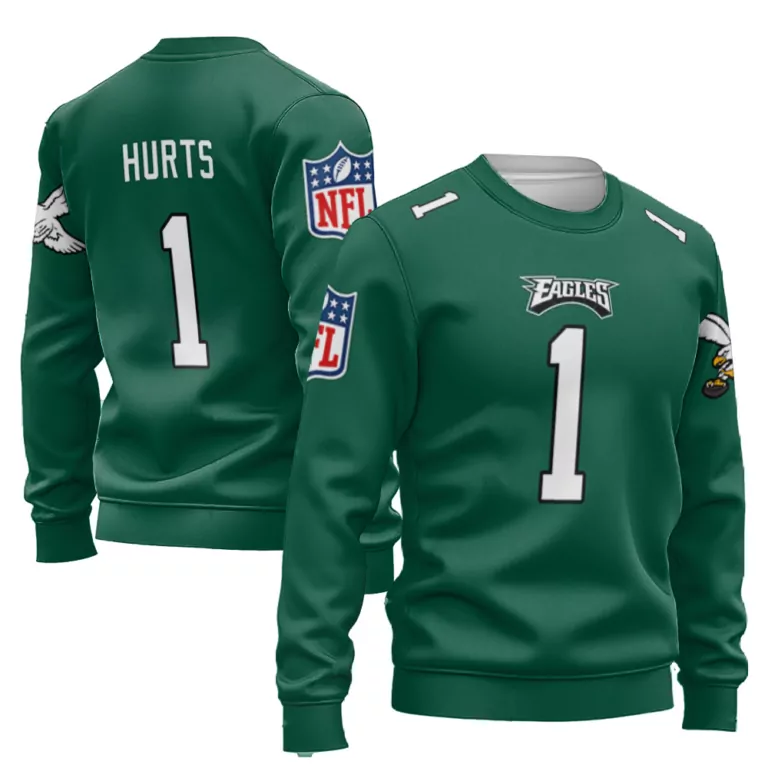 Jalen Hurts 1 Eagles Jersey Green Men Crew Neck Sweatshirt White Vapor Limited Collection