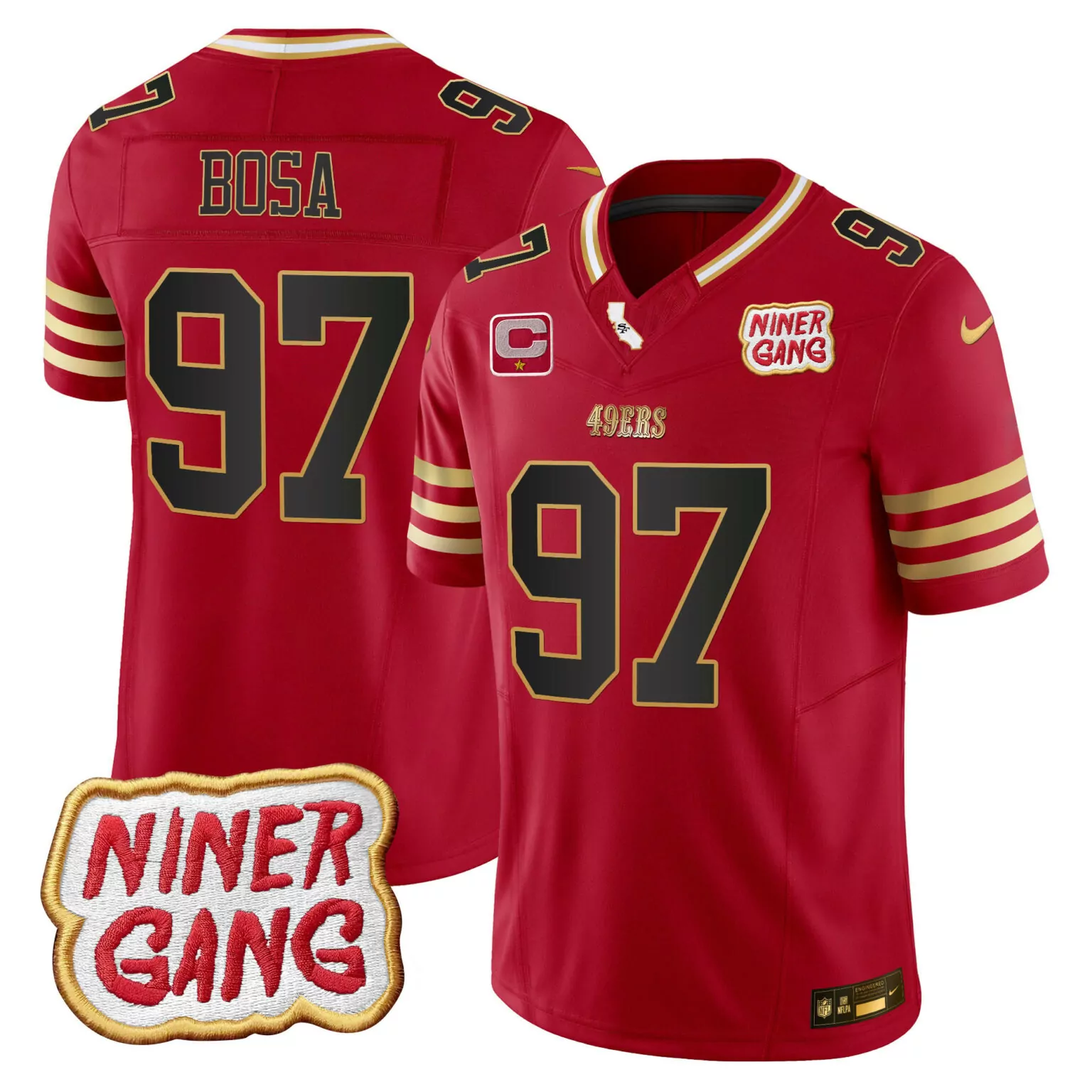 Nick Bosa 97 49ERS Jersey Red Niner Gang 2023 Men NFL Gold Black All Stitched