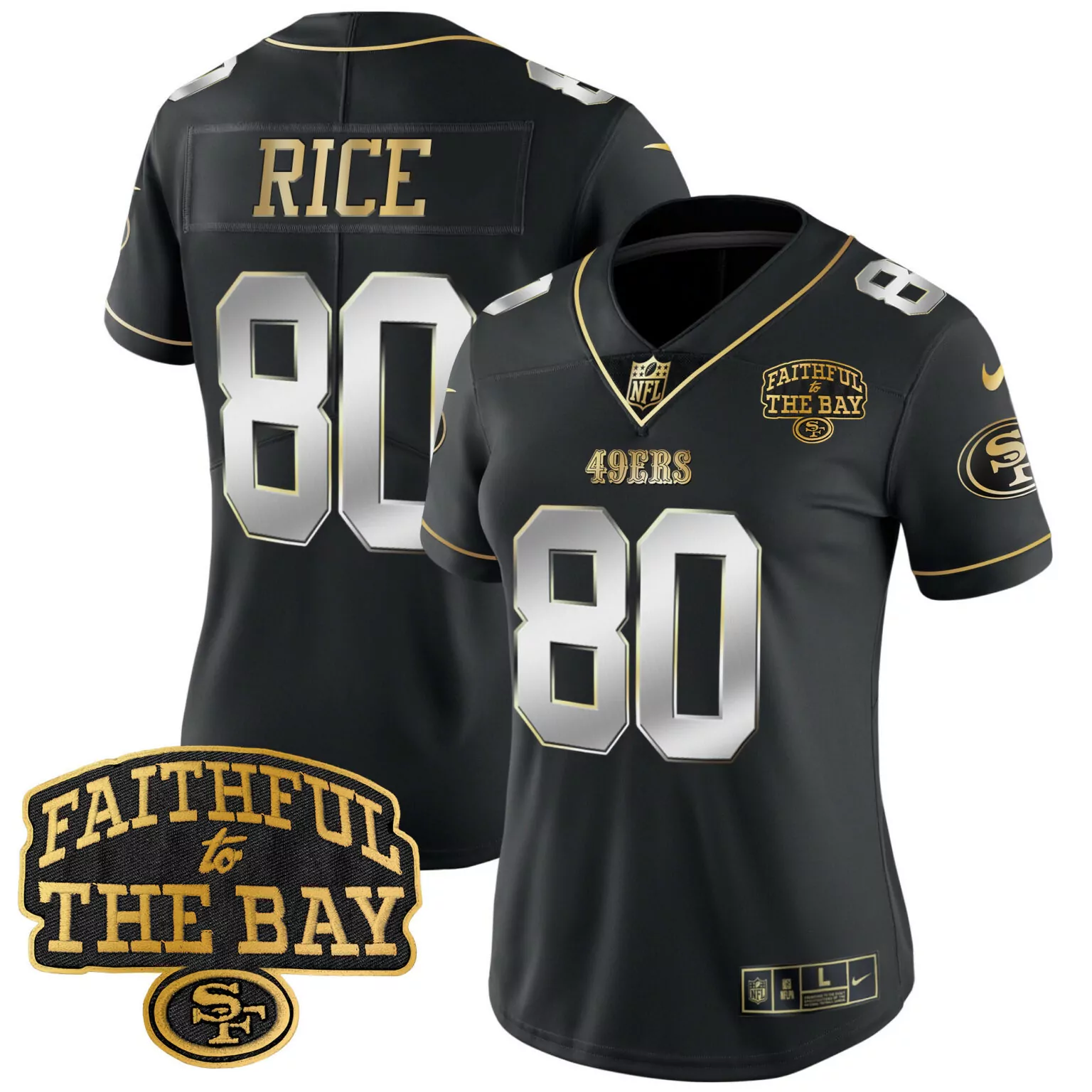 Jerry Rice 80 49ERS Jersey Black Faithful To Bay Women Replica Gold Silver All Stitched