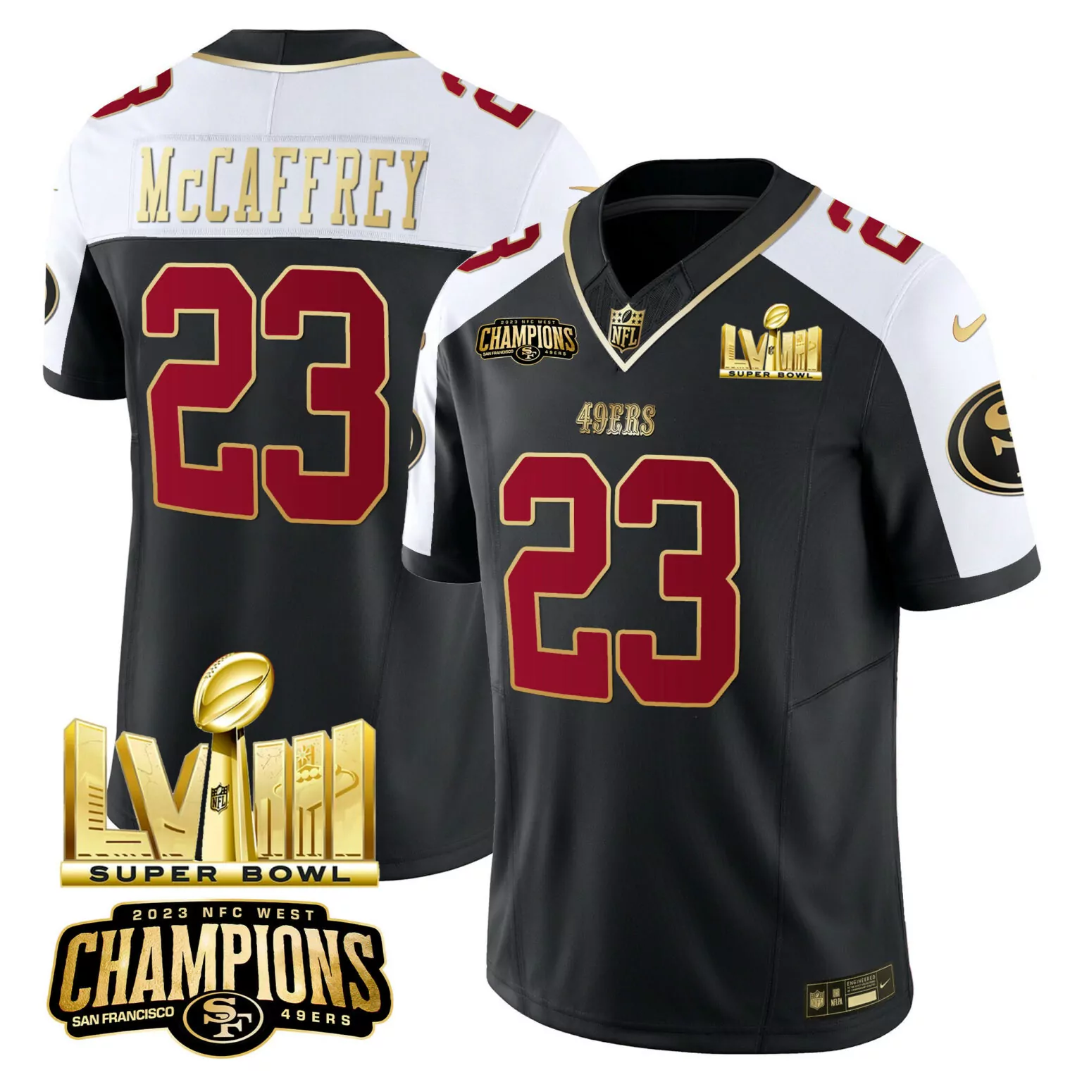 Christian Mccaffrey 23 49ERS Jersey Black Super Bowl Lviii Champions 2023 NFC West