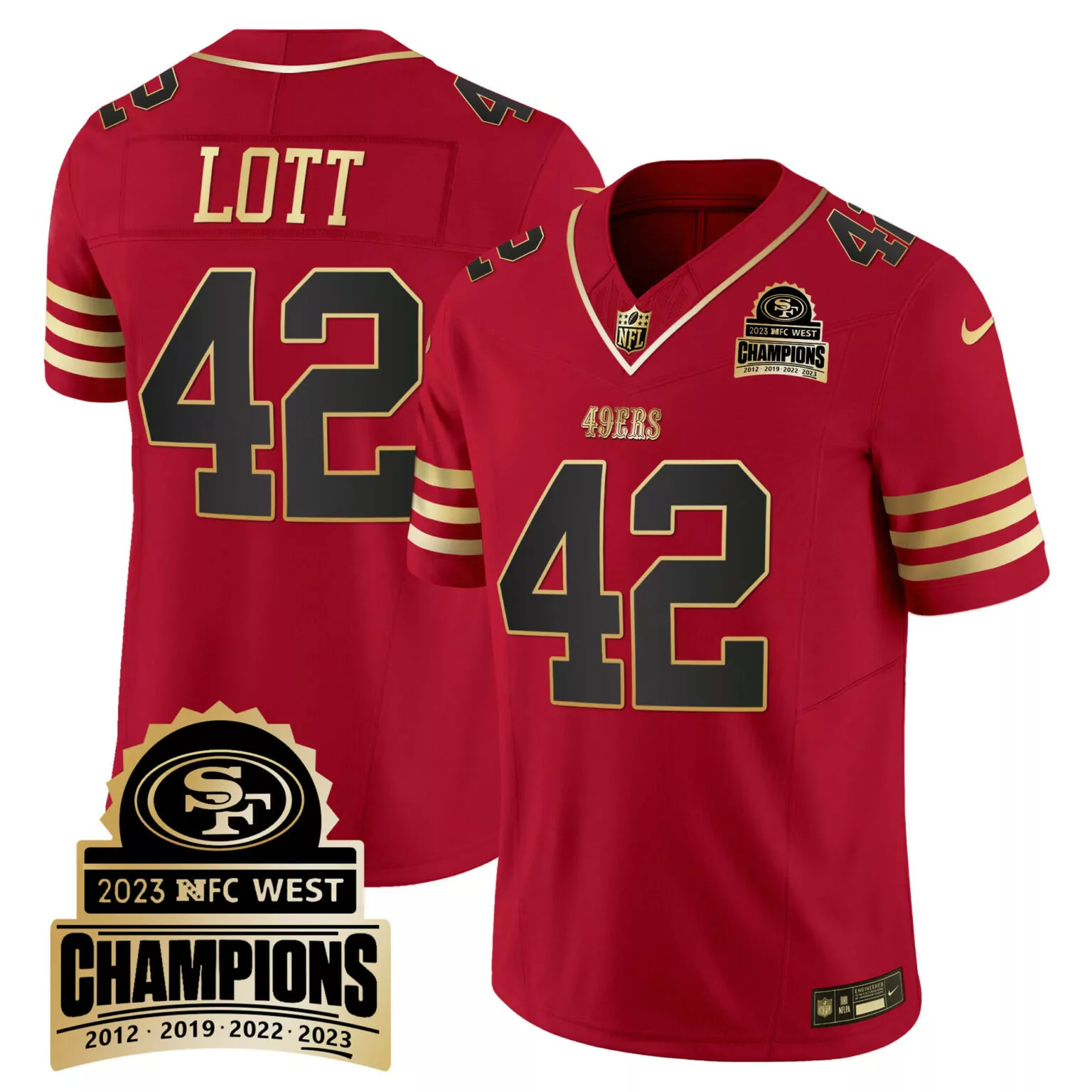 Ronnie Lott 42 49ERS Jersey Red Men Player Gold v4 All Stitched