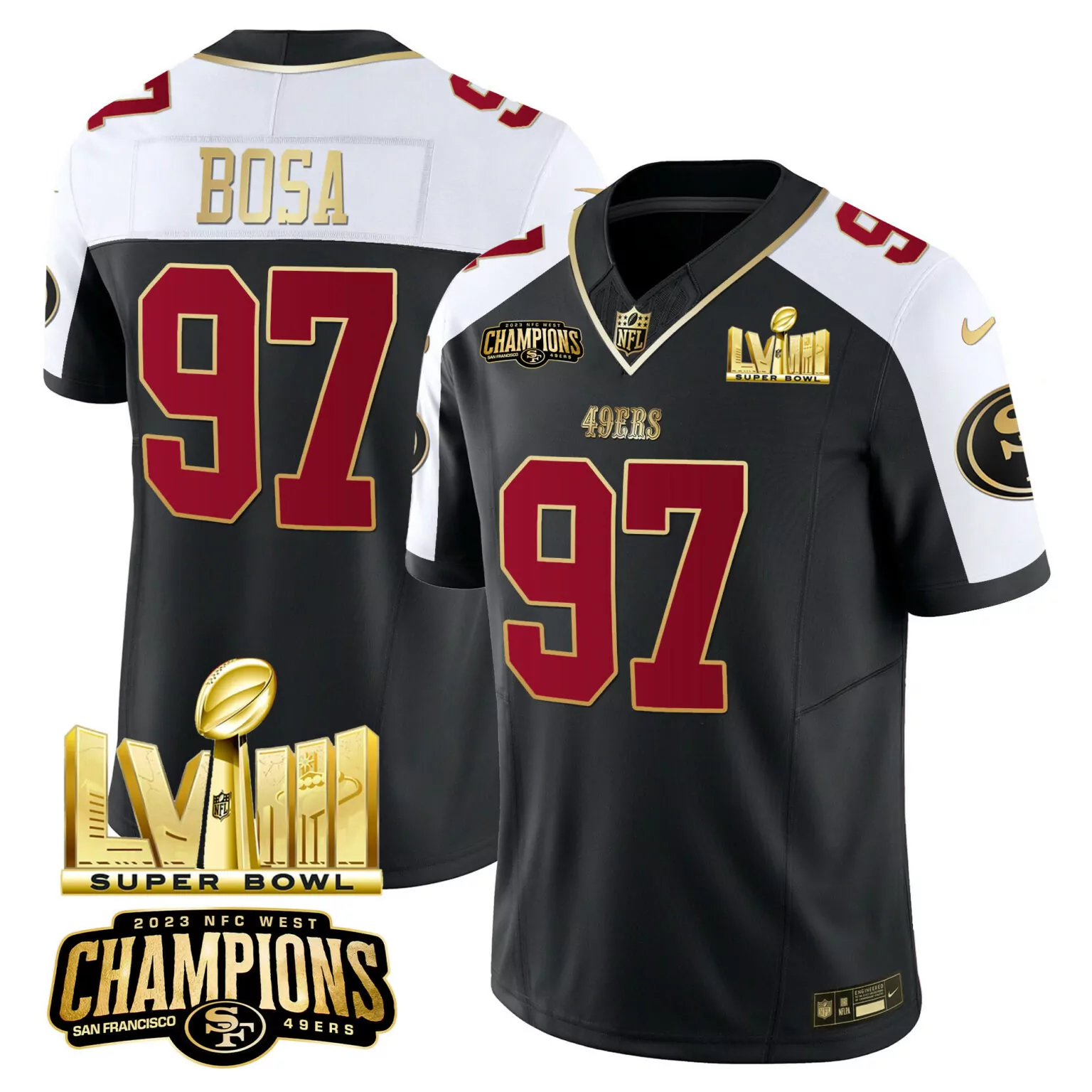 Nick Bosa 97 San Francisco 49ers Jersey Black Super Bowl Lviii Champions 2023 NFC West