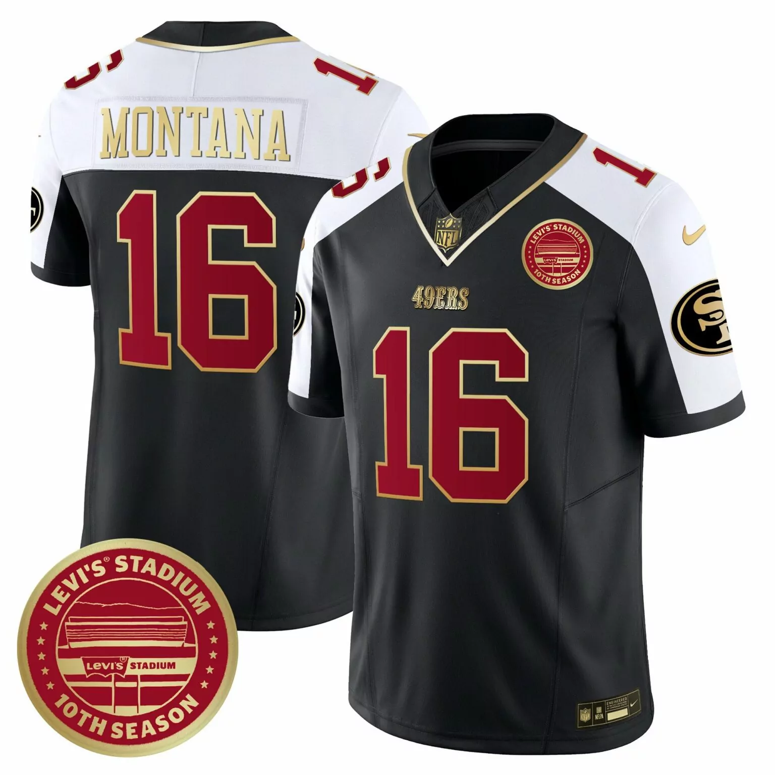 Joe Montana 16 49ERS Jersey Black Levi's Stadium 10th Season Men Alternate Split Design