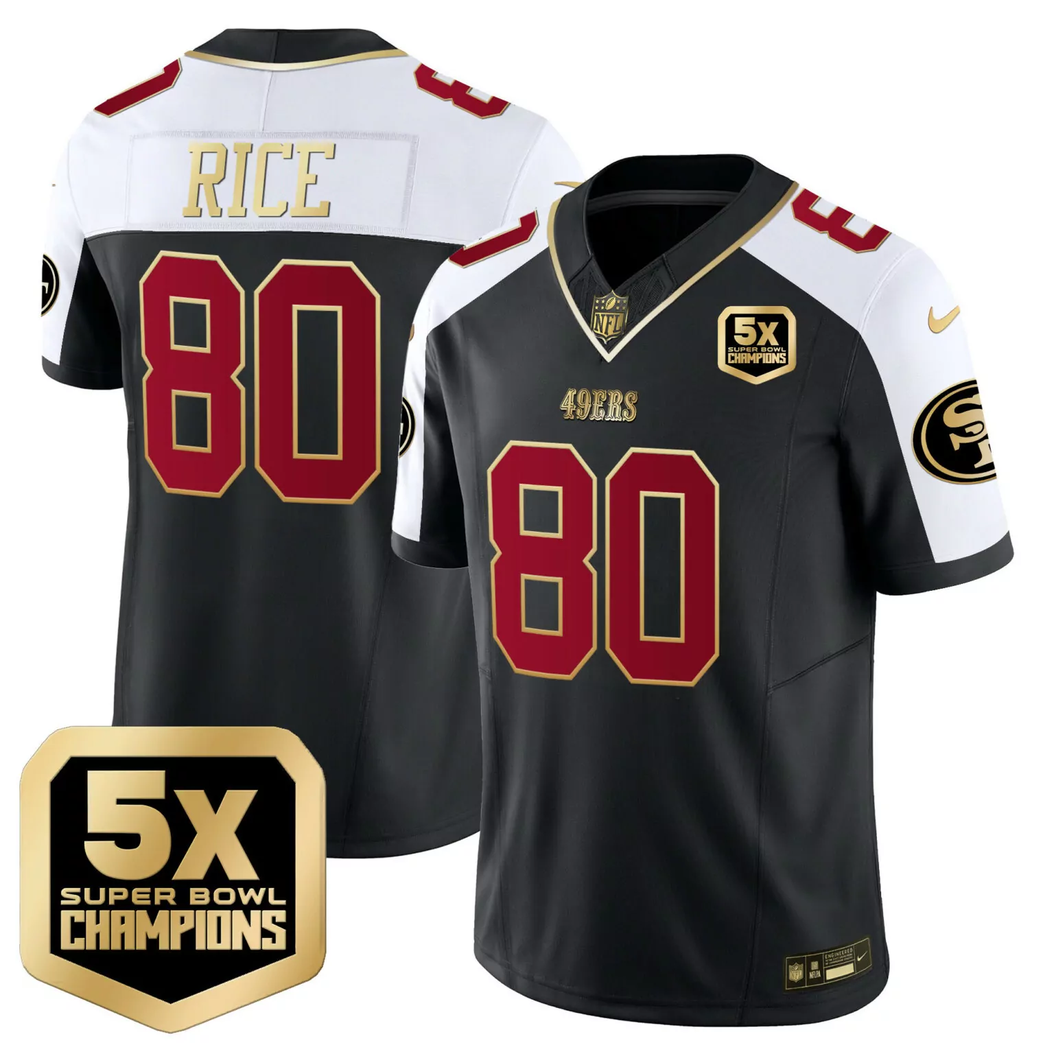 Jerry Rice 80 49ERS Jersey Black 5X Super Bowl Champions Nflpa Men Alternate Split Design