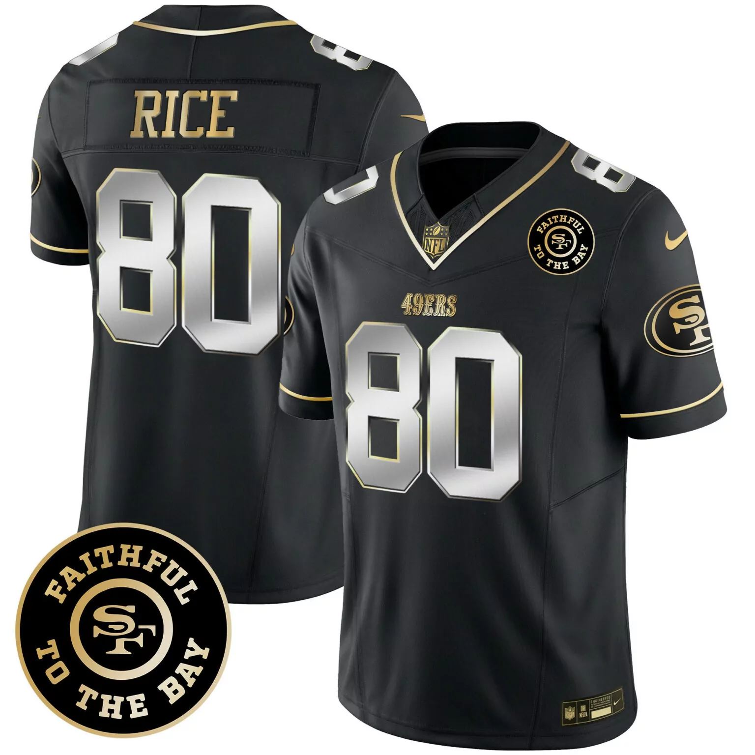 Jerry Rice 80 49ERS Jersey Black Faithful To Bay Men Replica Gold Silver v4 All Stitched