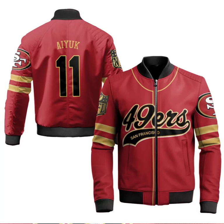 Brandon Aiyuk 11 Jersey Red San Francisco 49ers 2023 Men Bomber Jacket Gold Black