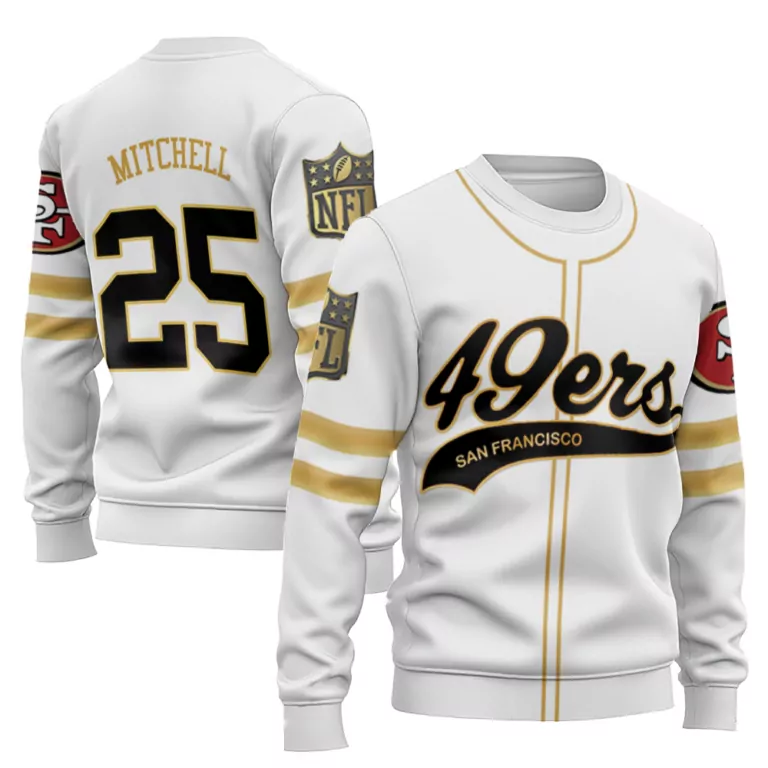 Mitchell 25 San Francisco 49ers Jersey White Men Crewneck Sweatshirt Gold Cool Base
