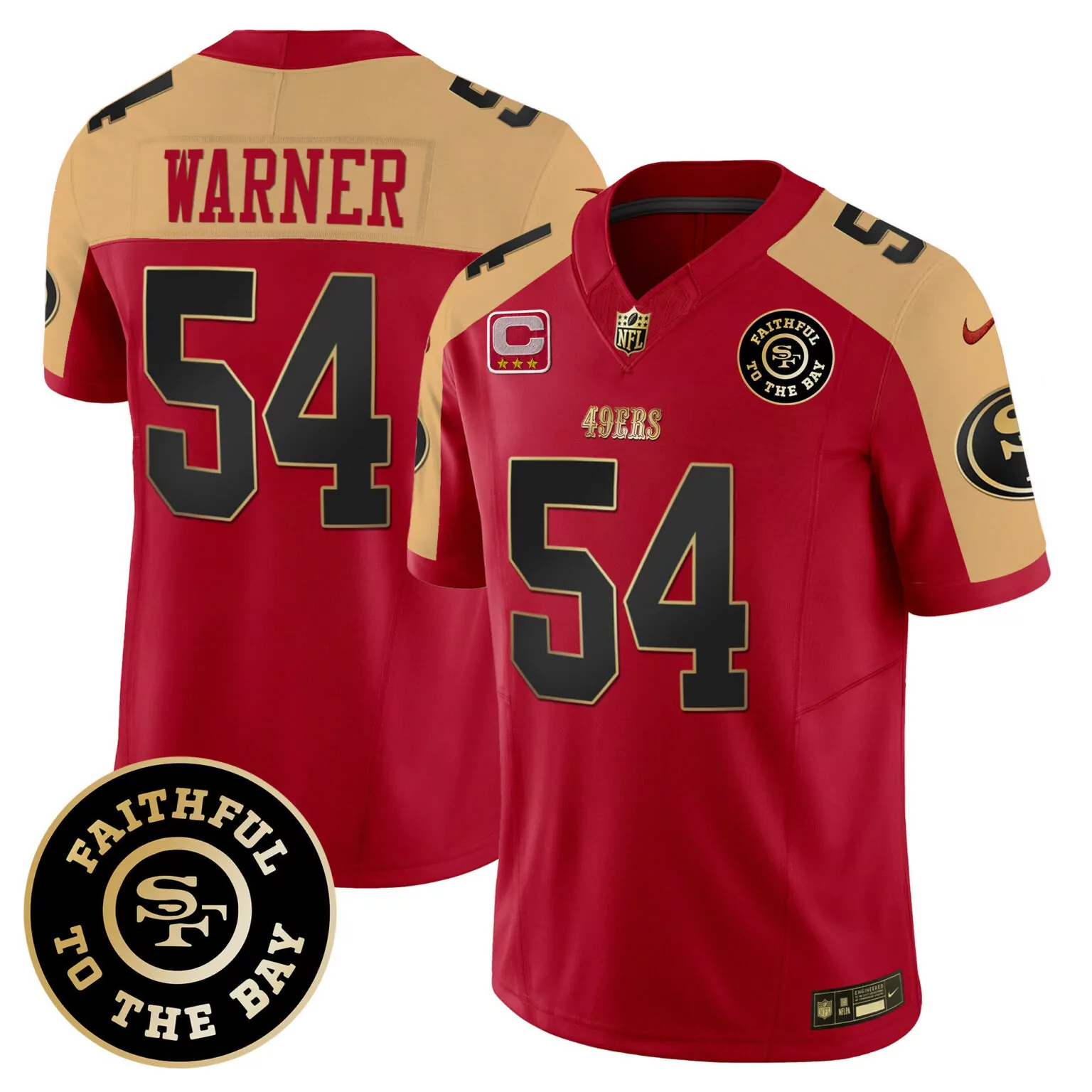 Fred Warner 54 49ERS Jersey Red Faithful To Bay Men Split Gold Alternate All Stitched