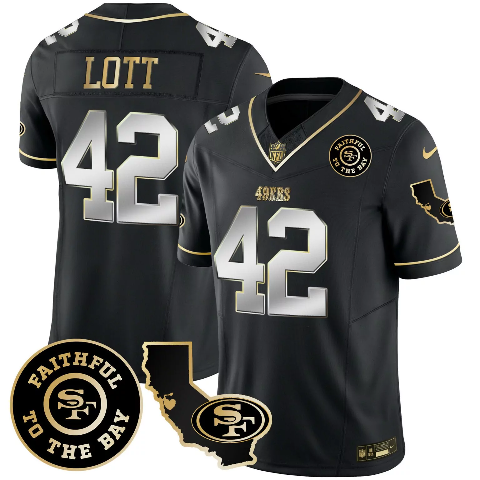 Ronnie Lott 42 49ERS Jersey Black Faithful To The Bay California Outline SF 2023