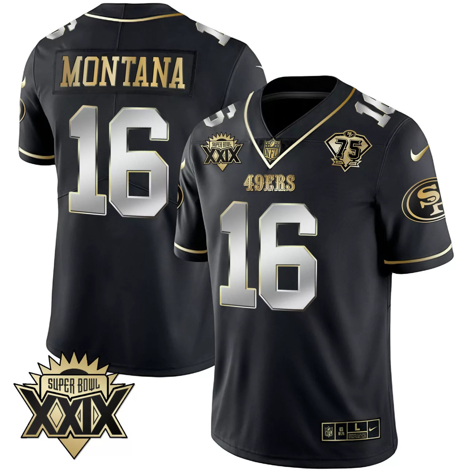 Joe Montana 16 49ERS Jersey Black 75th Anniversary Super Bowl Xxxix 2021 Men Gold