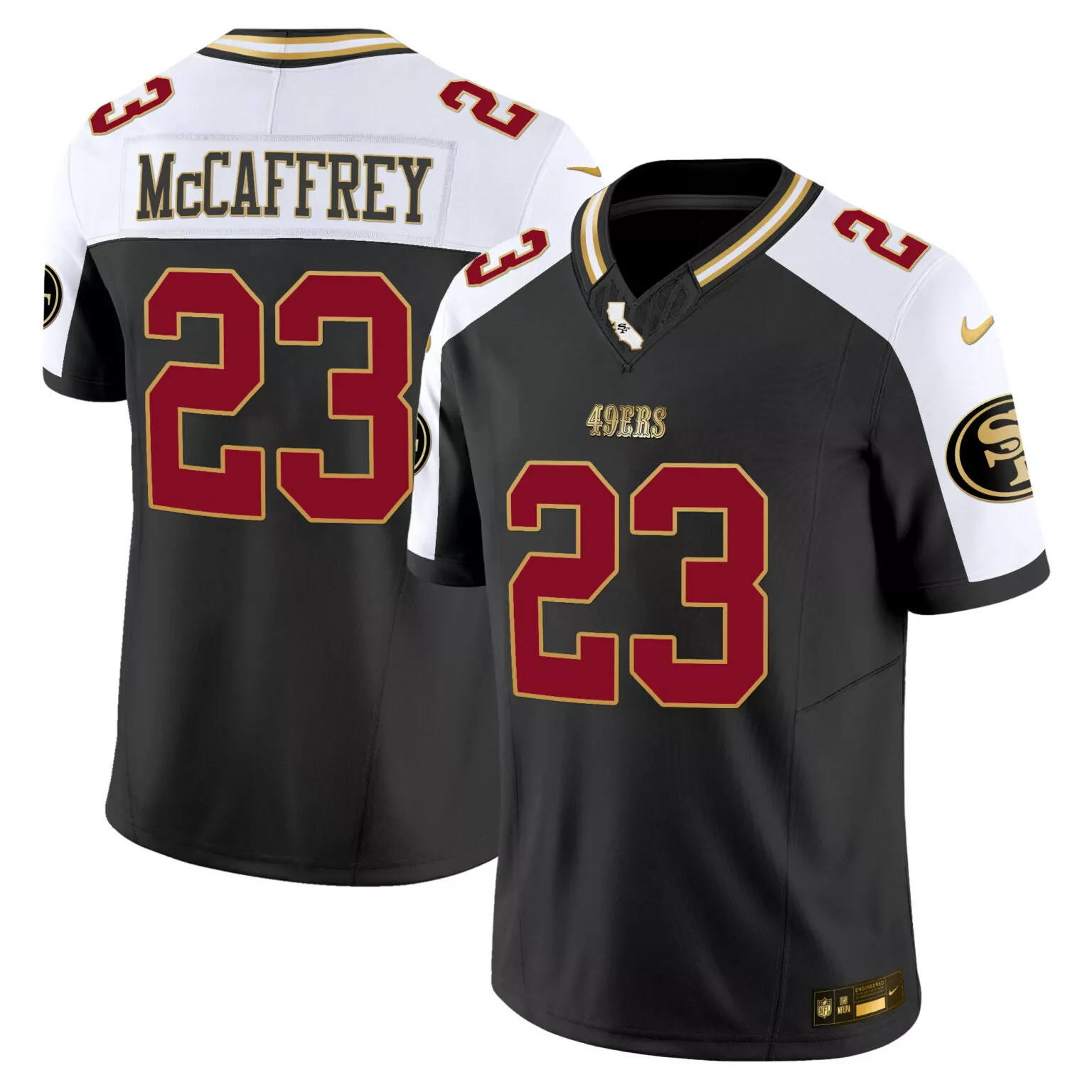 Christian Mccaffrey 23 49ERS Jersey Black Men Split Design White Maroon Gold Alternate