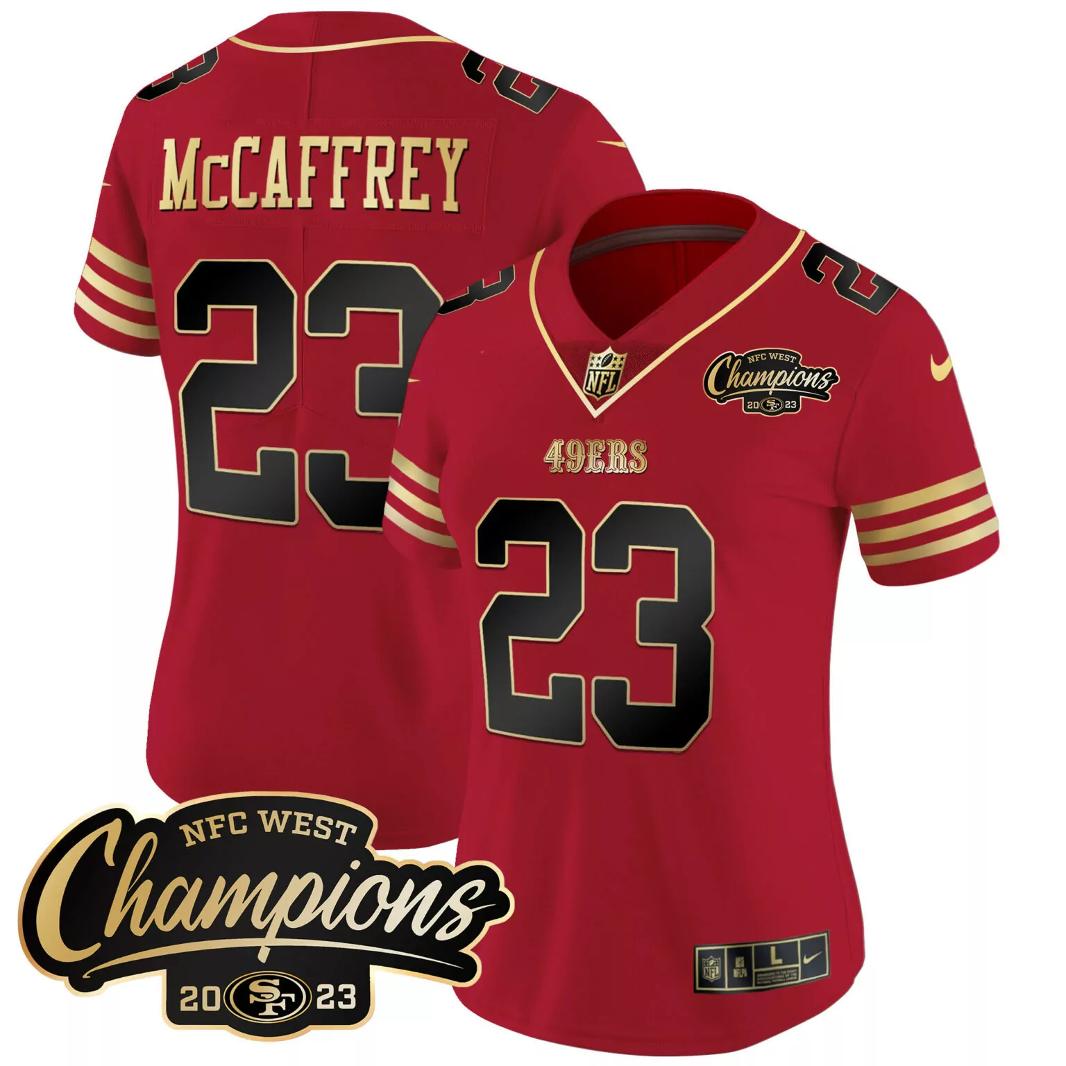 Christian Mccaffrey 23 49ERS Jersey Red NFC West Champions 2023 Men Regular Gold