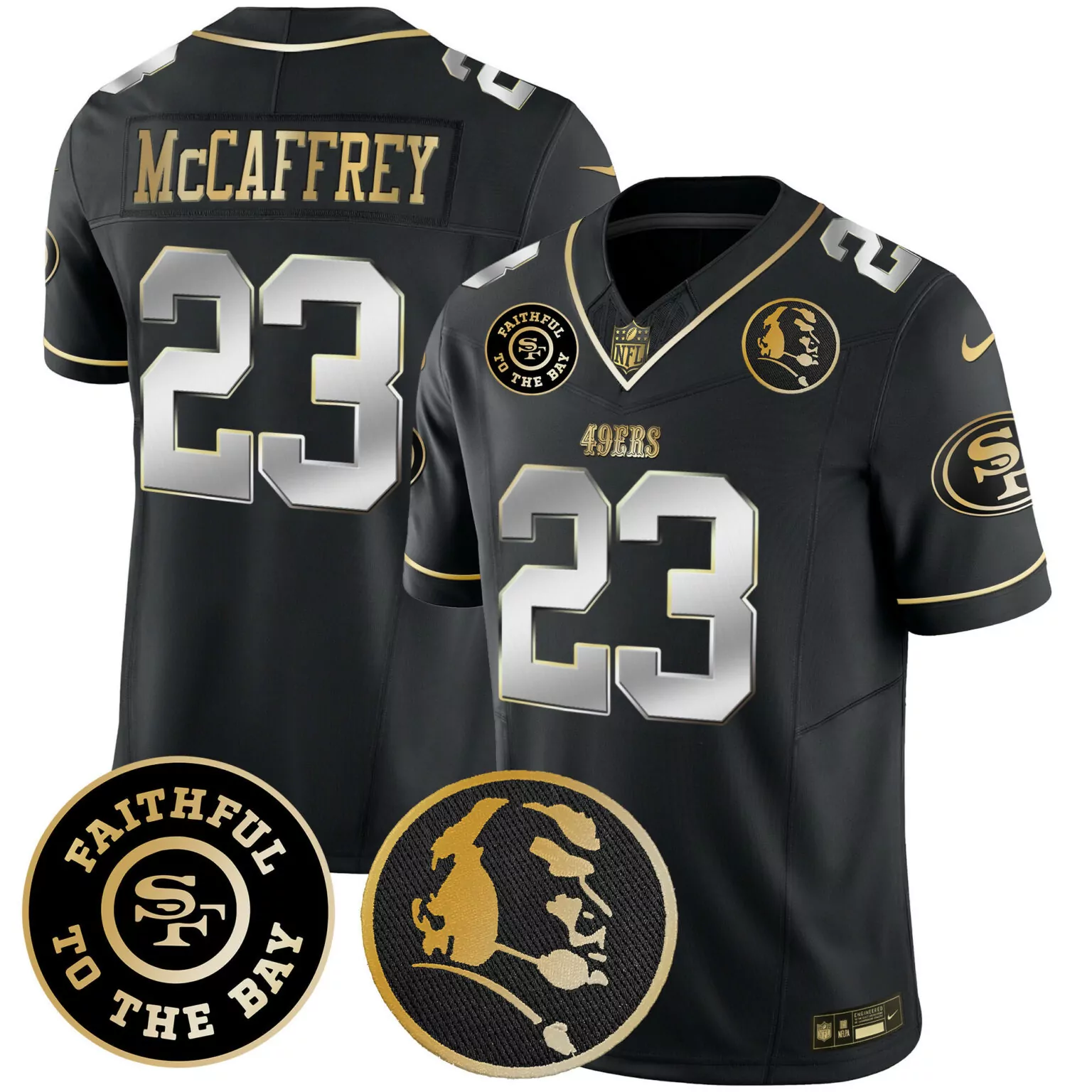 Christian Mccaffrey 23 49ERS Jersey Black Uniforme De LA Semana 17 (2023) Faithful To Bay Joe Montana Profile