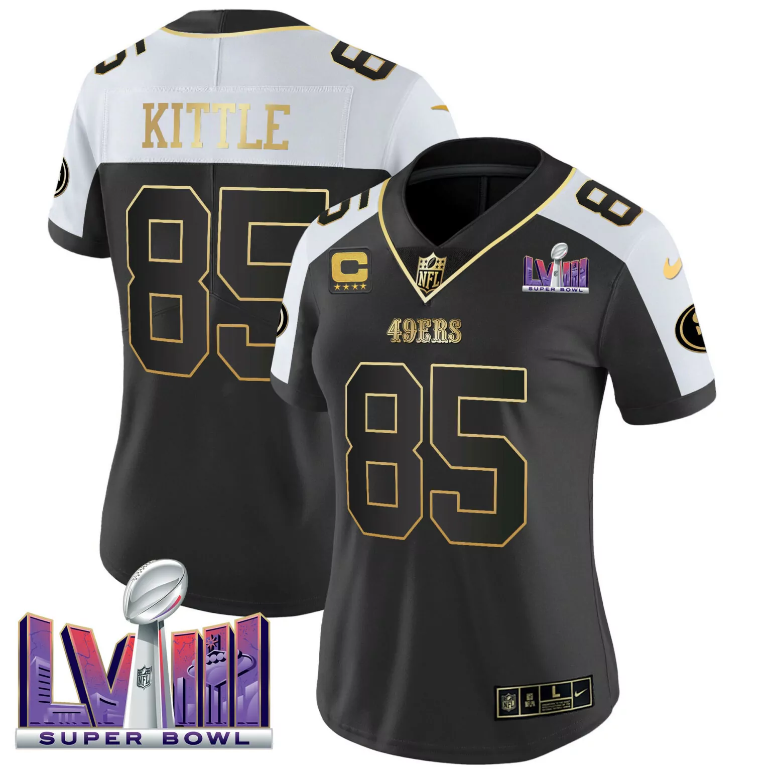 George Kittle 85 49ERS Jersey Black Super Bowl Lviii 2022 Women Replica Split Design