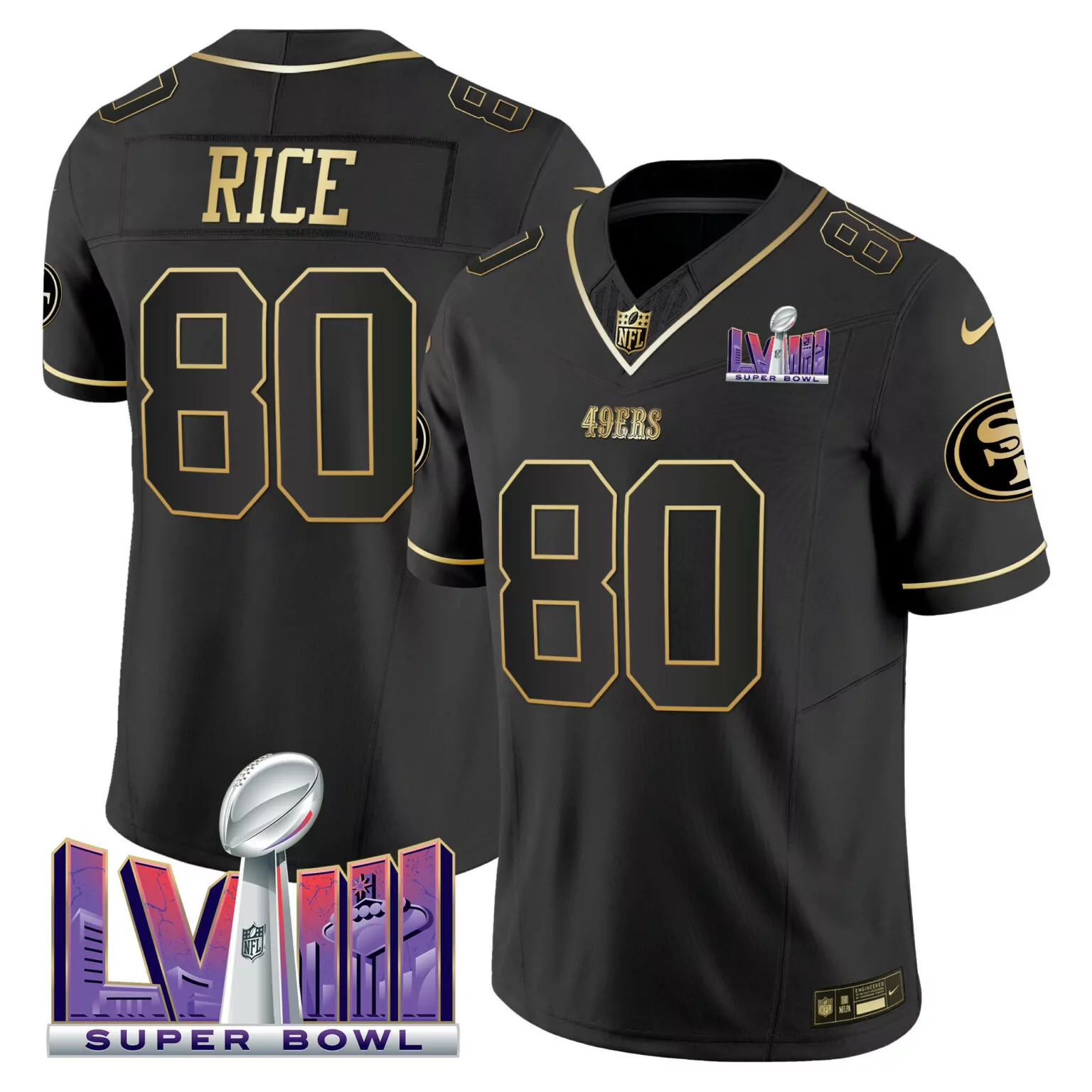 Jerry Rice 80 49ERS Jersey Black Super Bowl Lviii Men Player Gold v2 All Stitched