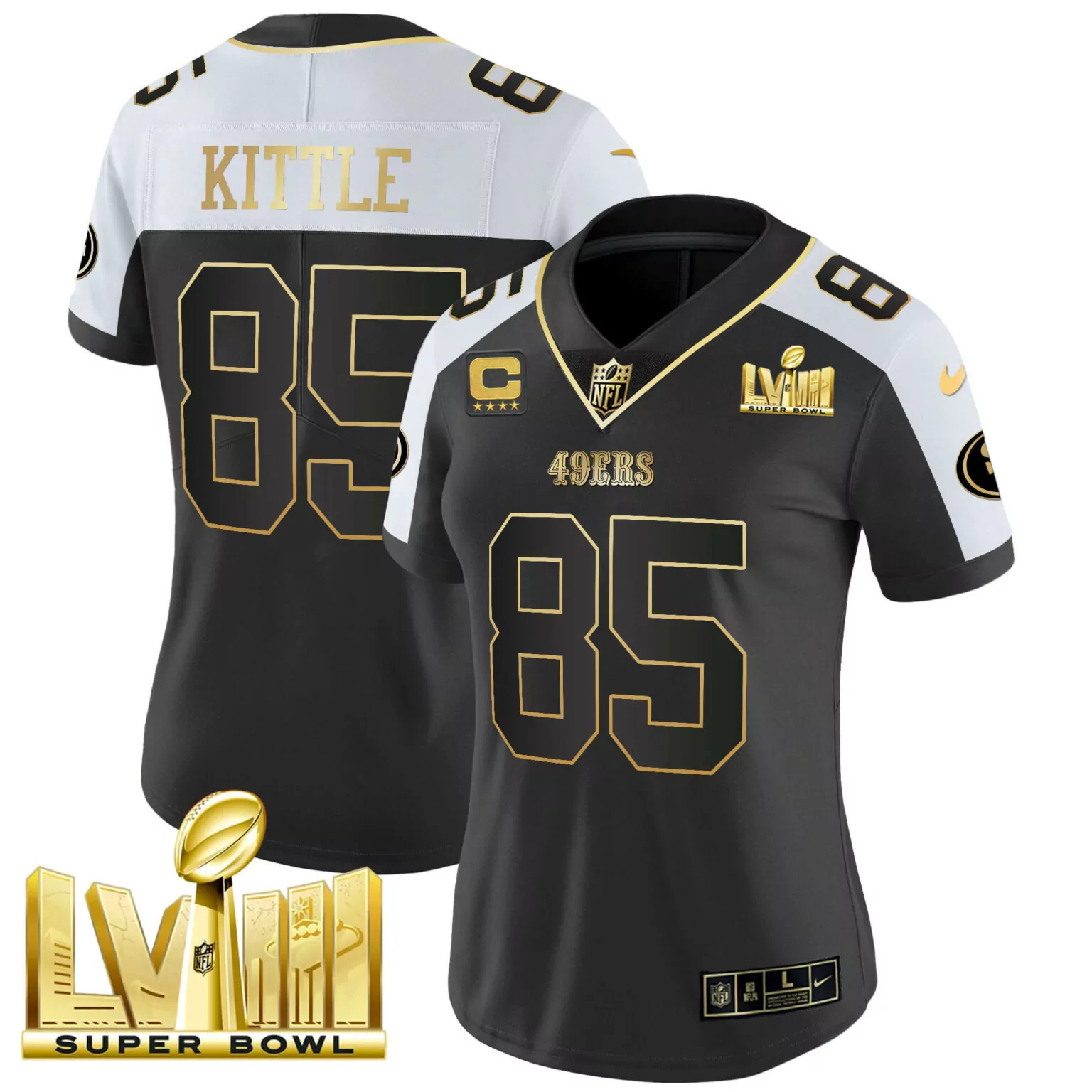 George Kittle 85 49ERS Jersey Black Super Bowl Lvii Men Alternate White Gold v2 All