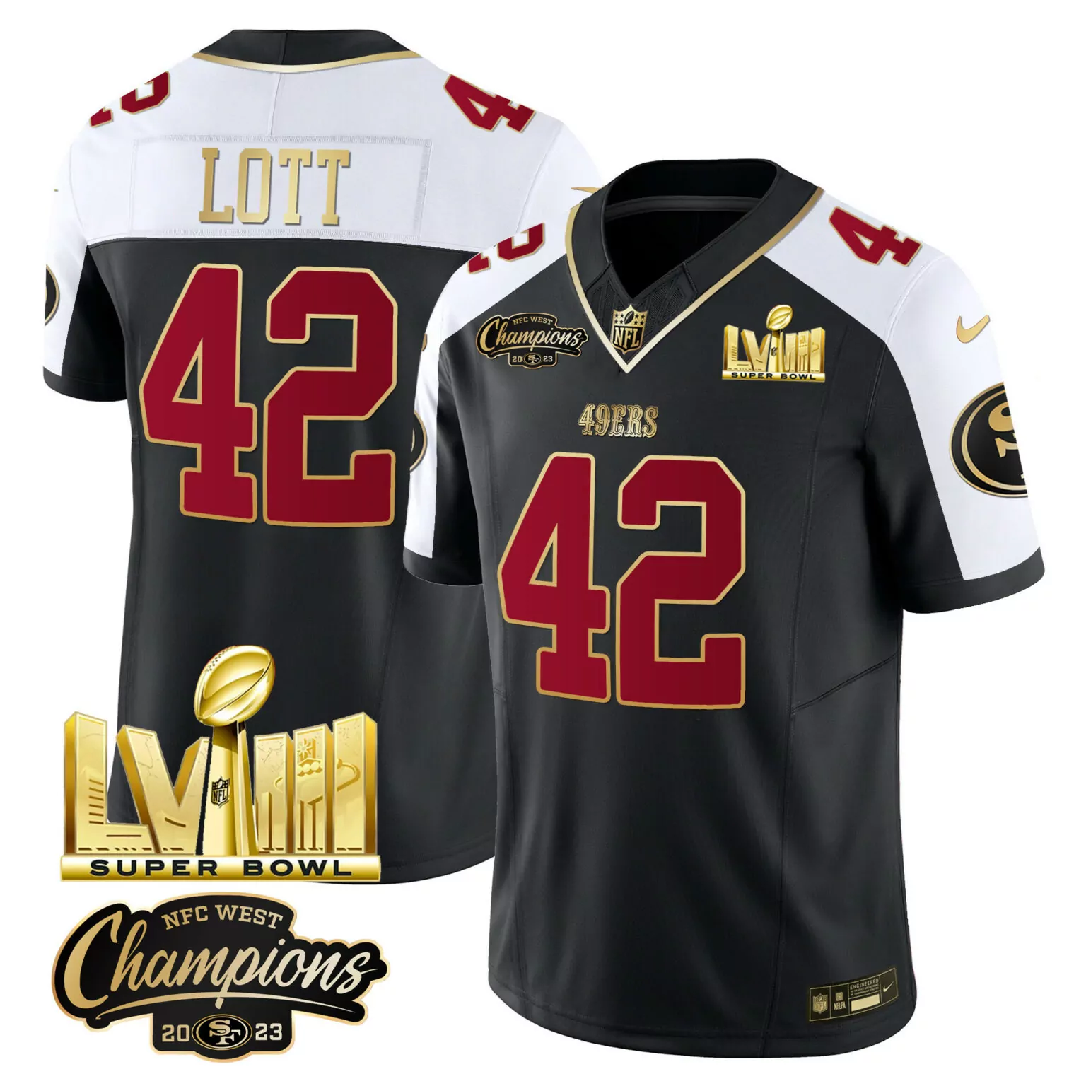 Ronnie Lott 42 49ERS Jersey Black Super Bowl Lviii NFC West Champions 2023 Men Split Design