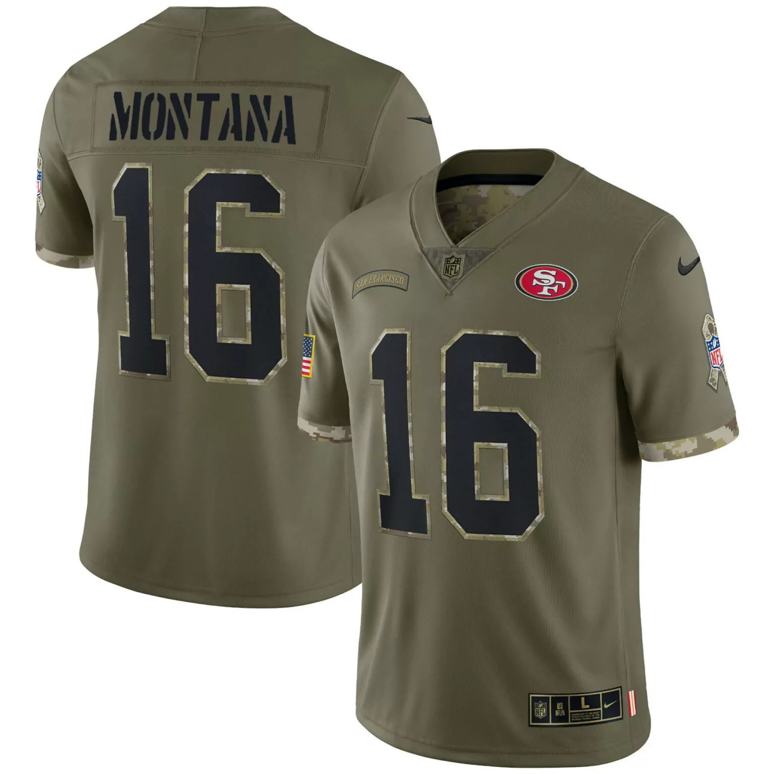 Joe Montana 16 Jersey Olive Salute To Service San Francisco 49ers American Flag Men
