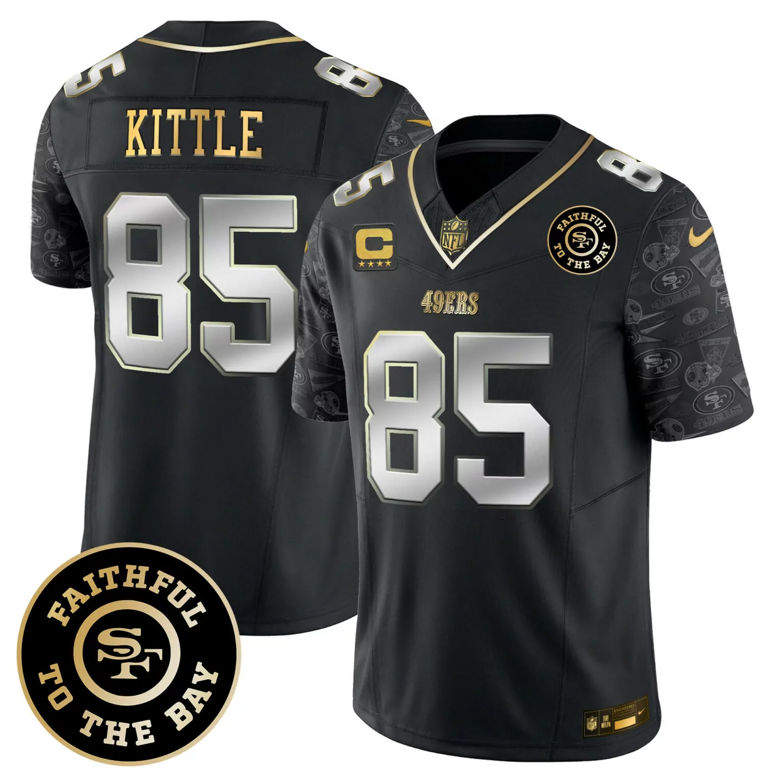 George Kittle 85 49ERS Jersey Black Faithful To The Bay Men Gold Silver All Stitched