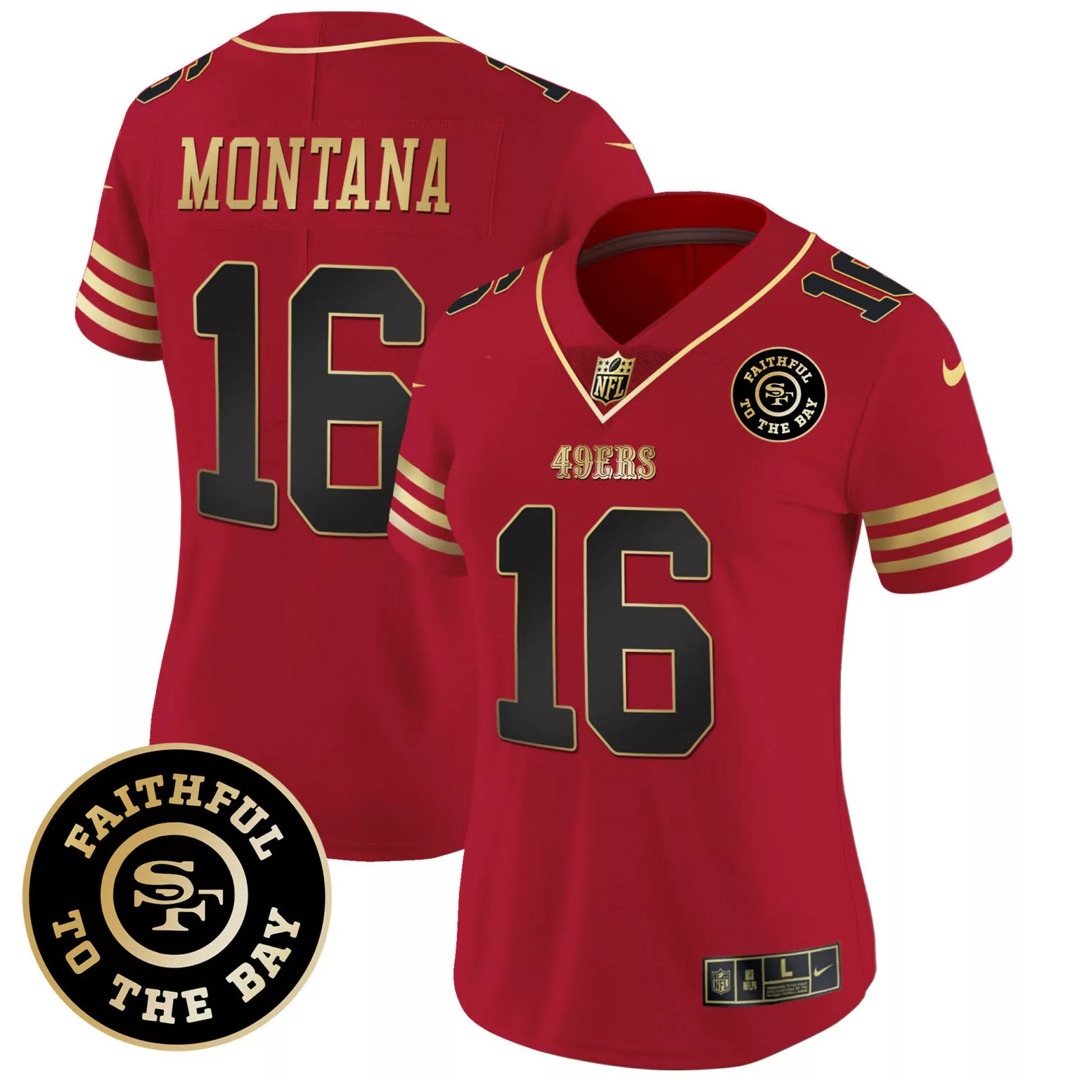 Joe Montana 16 49ERS Jersey Red Faithful To The Bay Men Replica Gold Black All Stitched