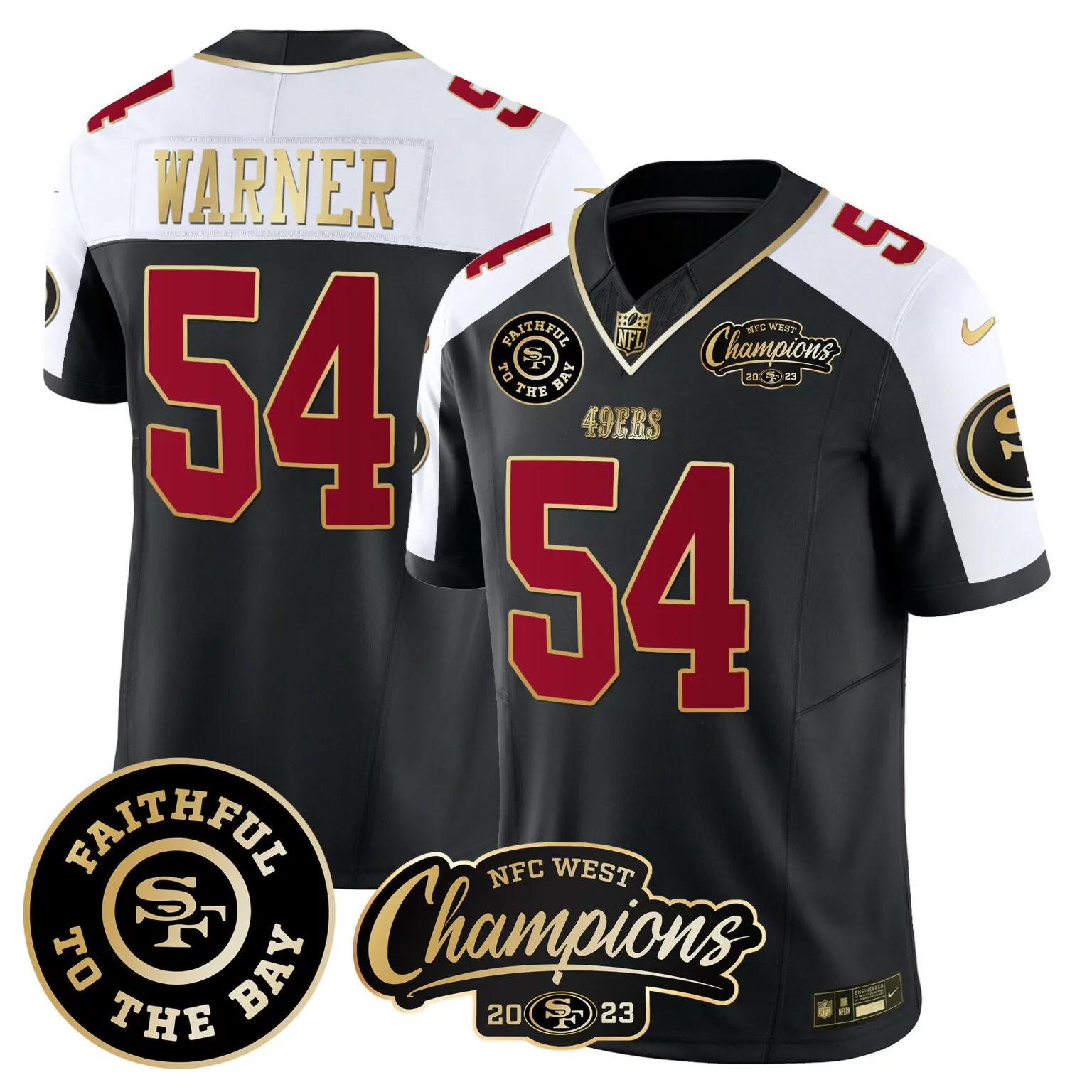 Fred Warner 54 49ERS Jersey Black NFC West Champions 2023 Faithful To Bay Men Replica
