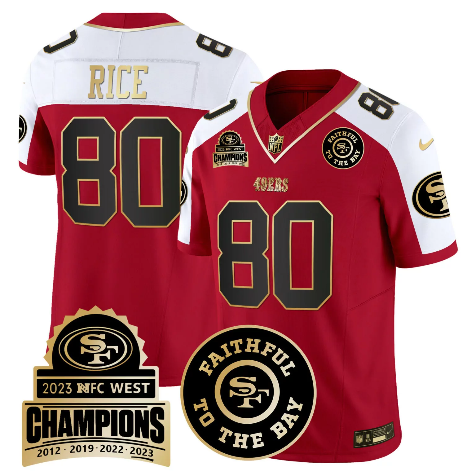 Jerry Rice 80 49ERS Jersey Red NFC West Champions 2023 Faithful To Bay Men Game Alternate