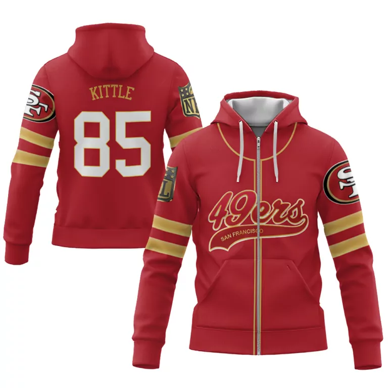 George Kittle 85 Jersey Red San Francisco 49ers Men Full Zip Hoodie Gold Cool Base