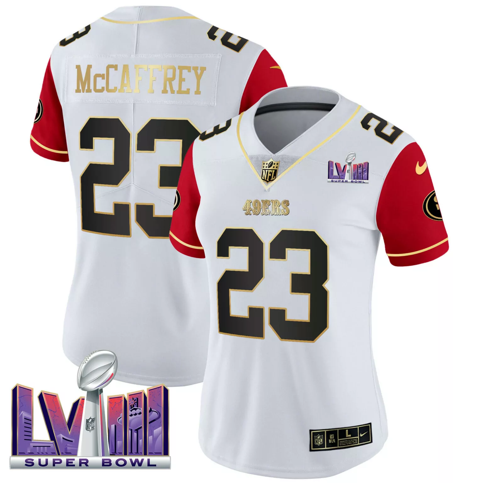 Christian Mccaffrey 23 49ERS Jersey White Super Bowl Lvii Women NFL Red Gold v2 All