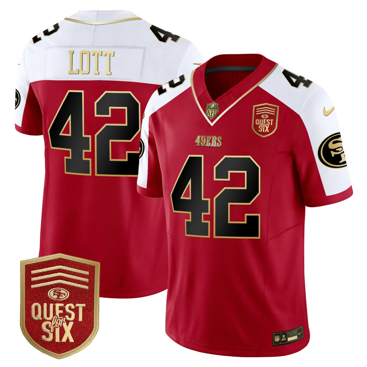 Ronnie Lott 42 49ERS Jersey Red Quest For Six Men Split Design White Gold Black Alternate