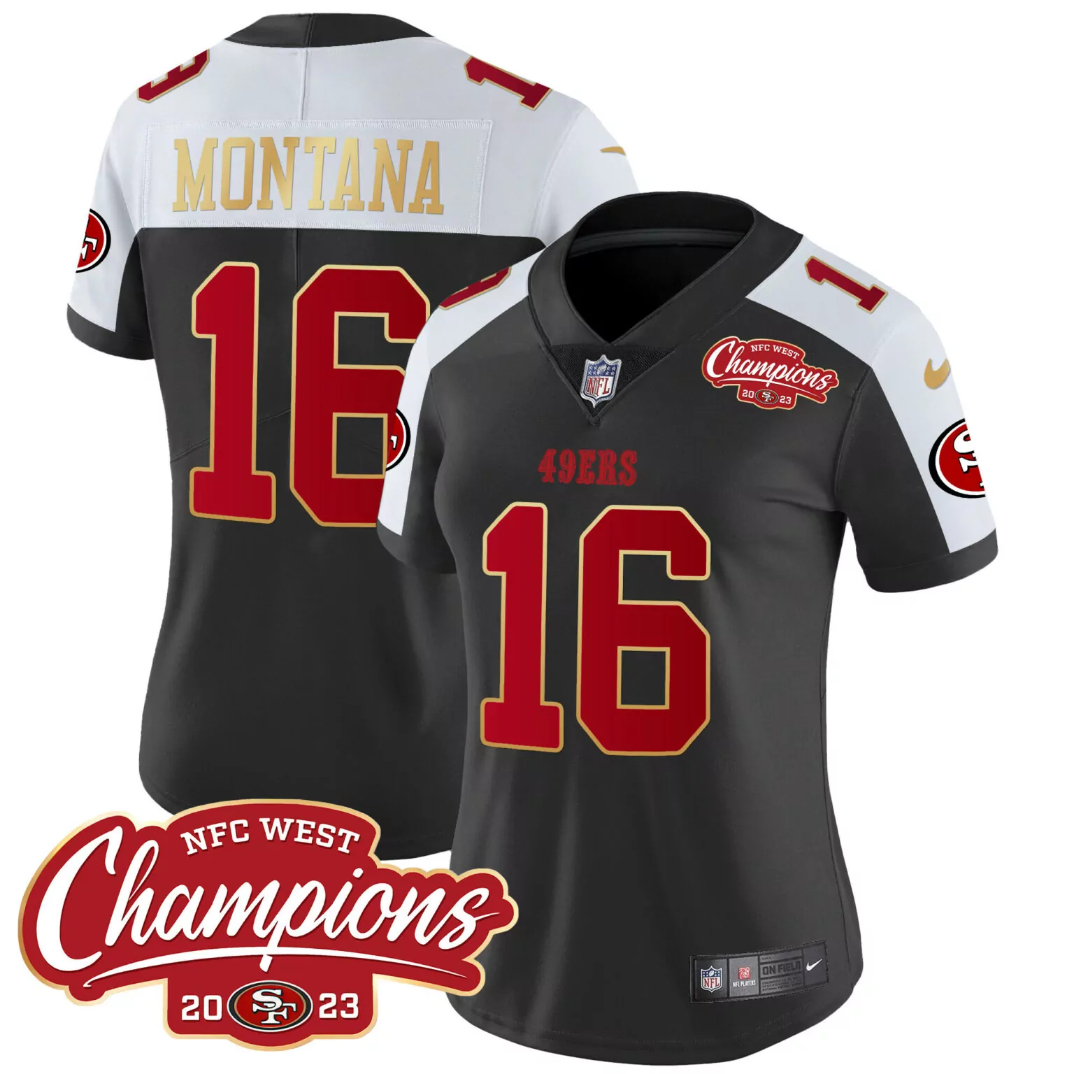 Joe Montana 16 49ERS Jersey Black NFC West Champions 2023 Women Alternate White Red