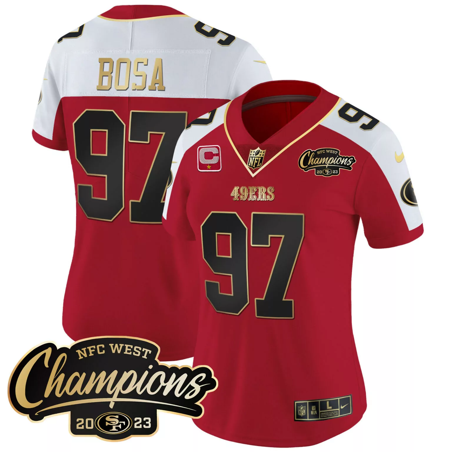 Nick Bosa 97 49ERS Jersey Red NFC West Champions 2023 Men Replica Split Design White