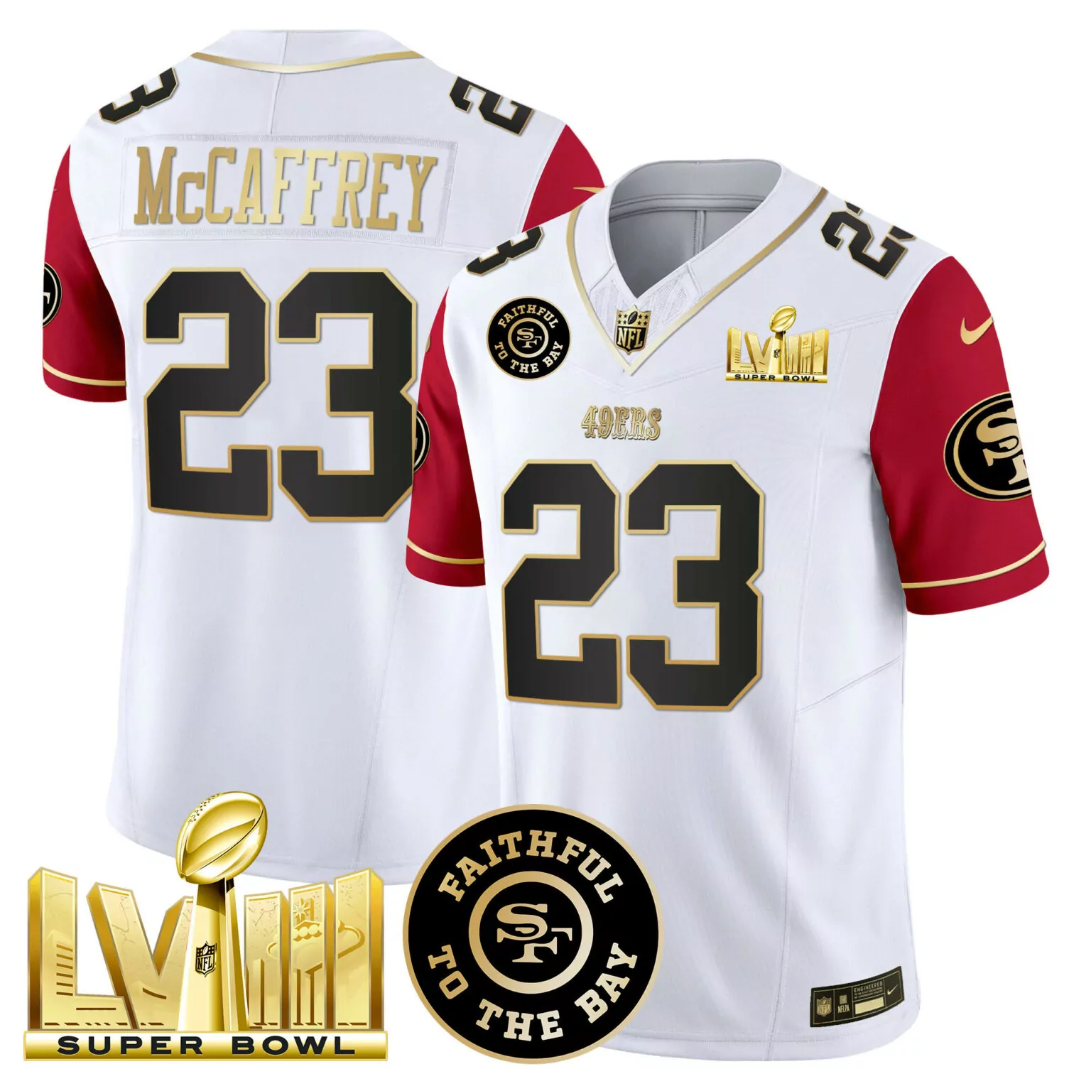 Christian Mccaffrey 23 49ERS Jersey White Super Bowl Lvii Men Player Red Gold v2