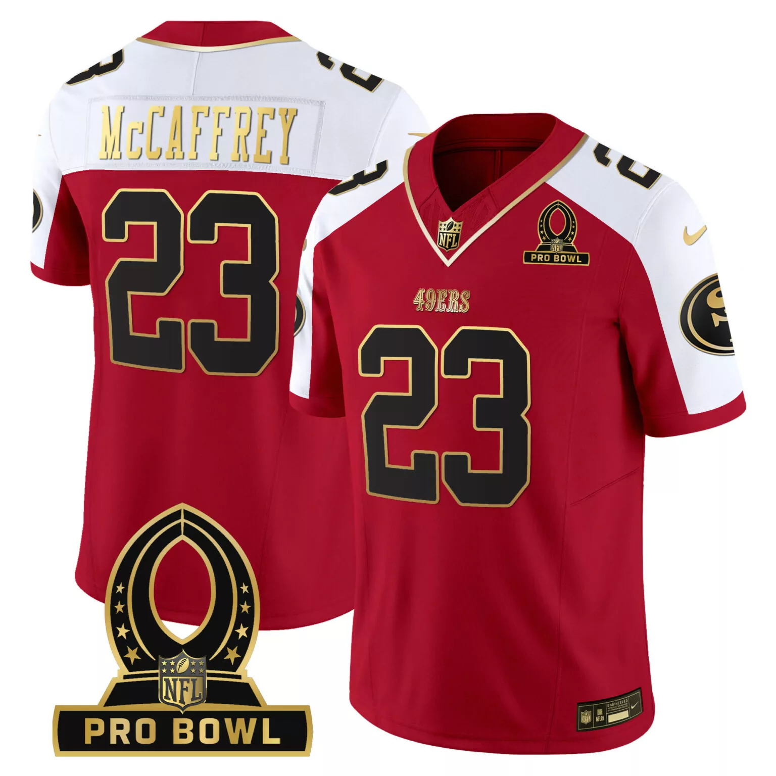 Christian Mccaffrey 23 49ERS Jersey Red Pro Bowl Men Split Design White Black Gold