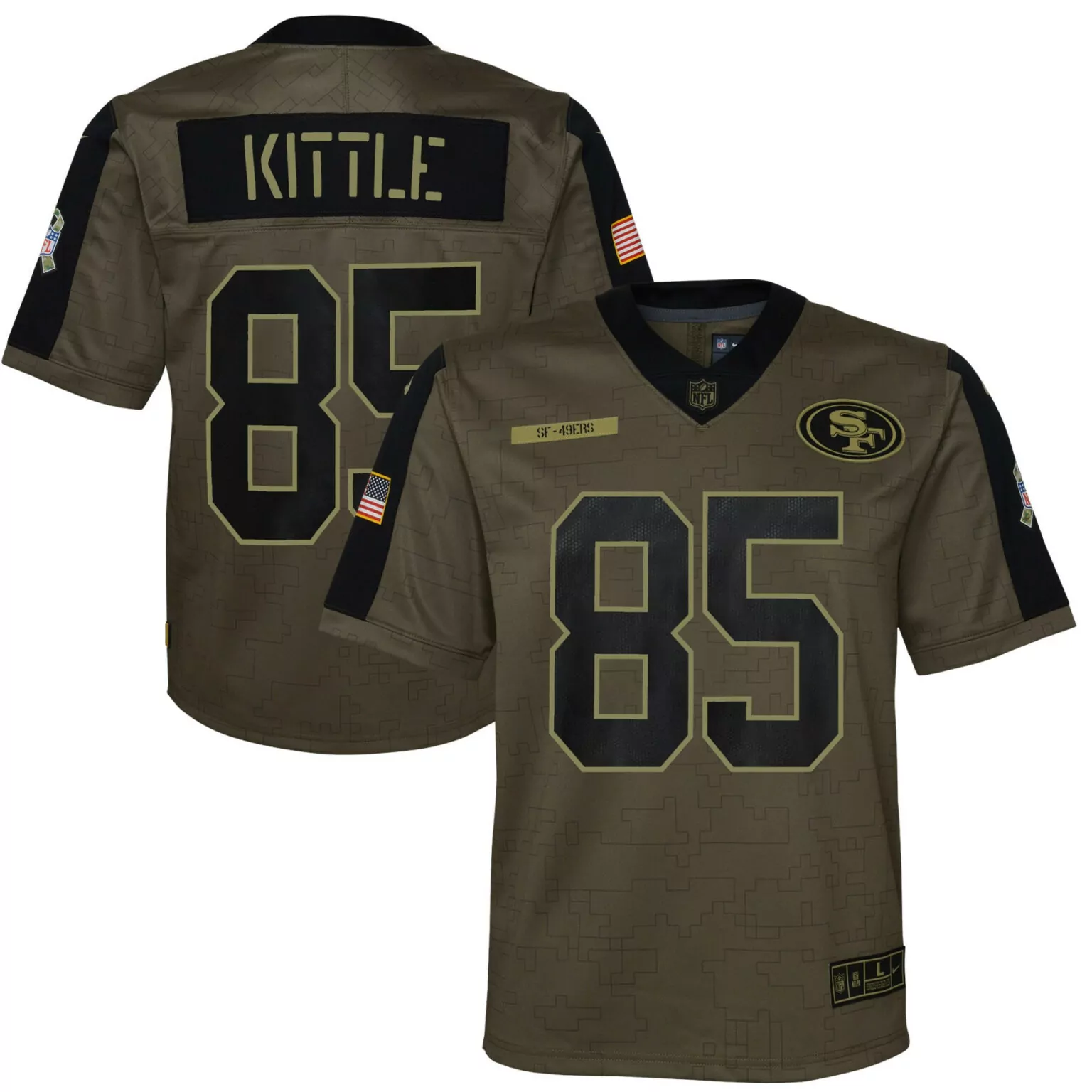 George Kittle 85 49ERS Jersey Olive Salute To Service Us Flag Men Replica Custom Design