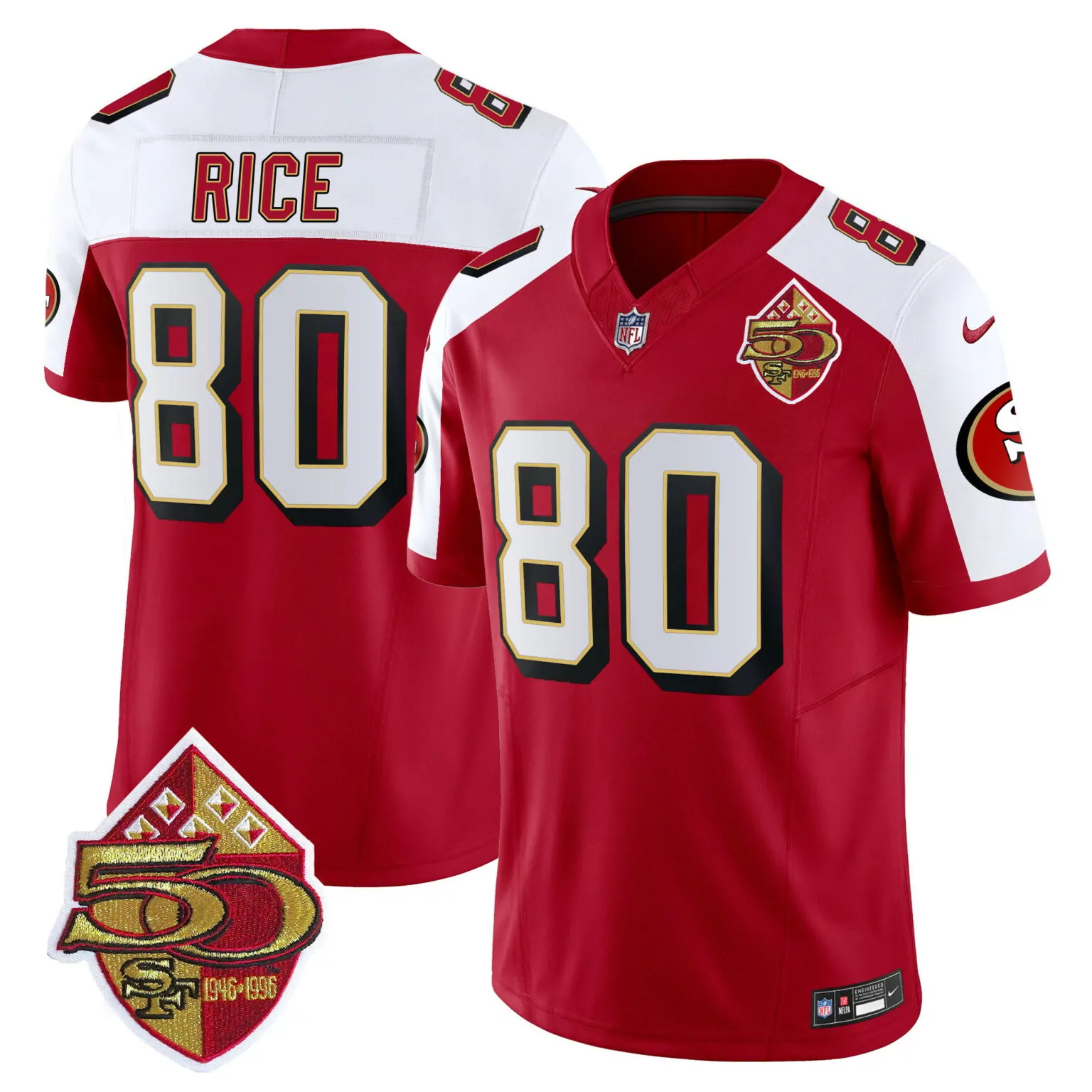 Jerry Rice 80 49ers Jersey Red 50th Anniversary 1946-1996 Men White Gold Black Alternate