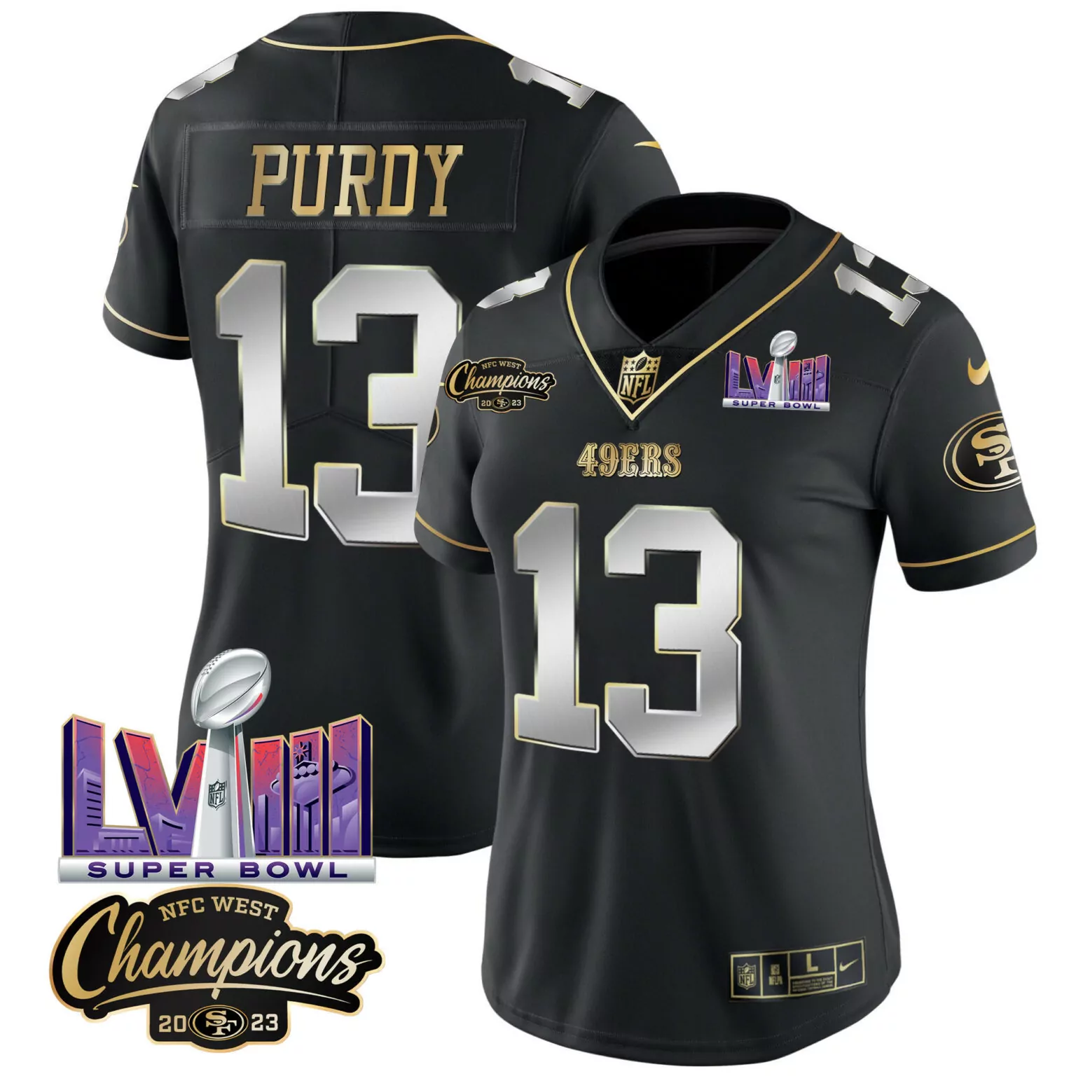Brock Purdy 13 49ERS Jersey Black Super Bowl Lviii NFC West Champions 2023 Men Player