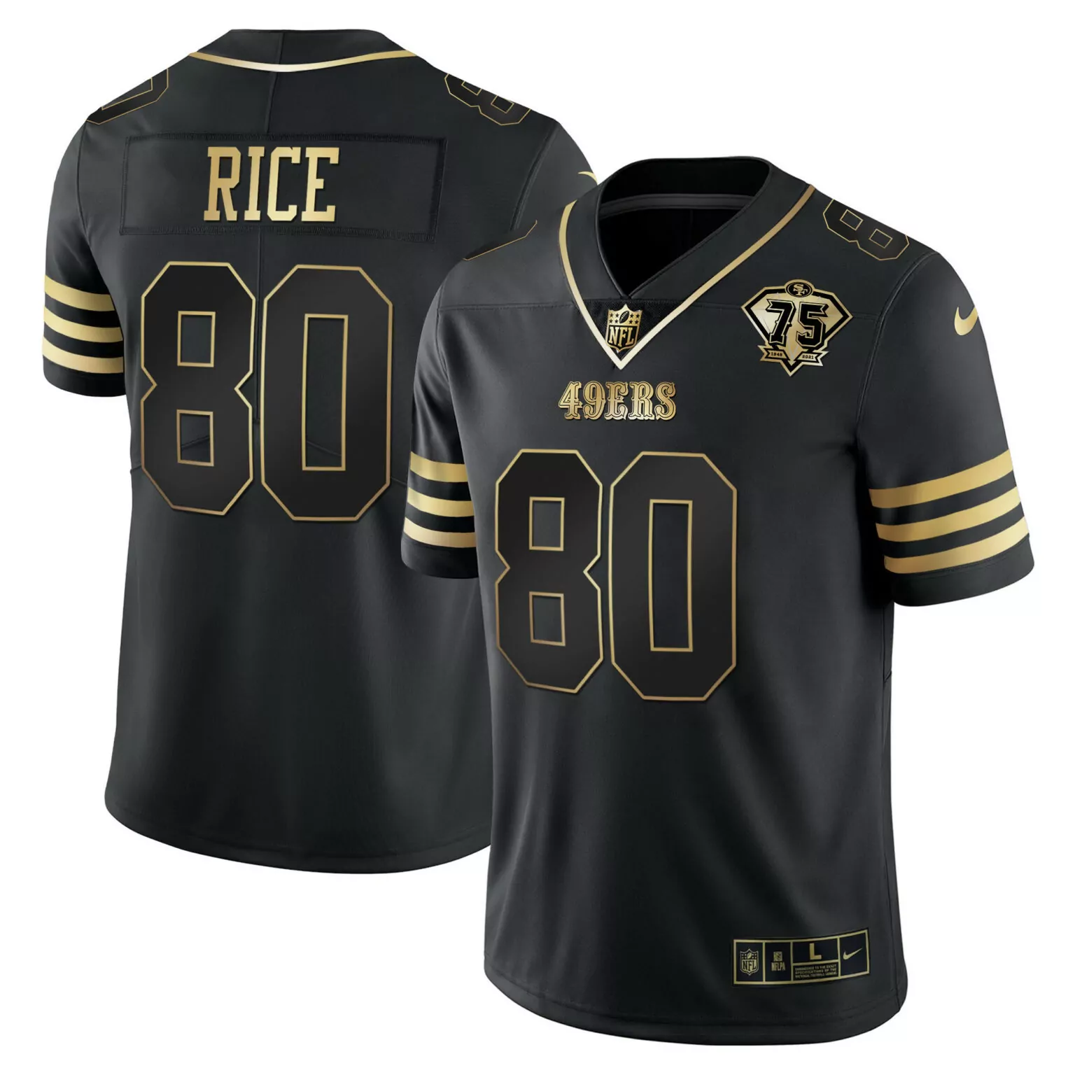 Jerry Rice 80 49ERS Jersey Black 75th Anniversary Men Gold Vapor All Stitched