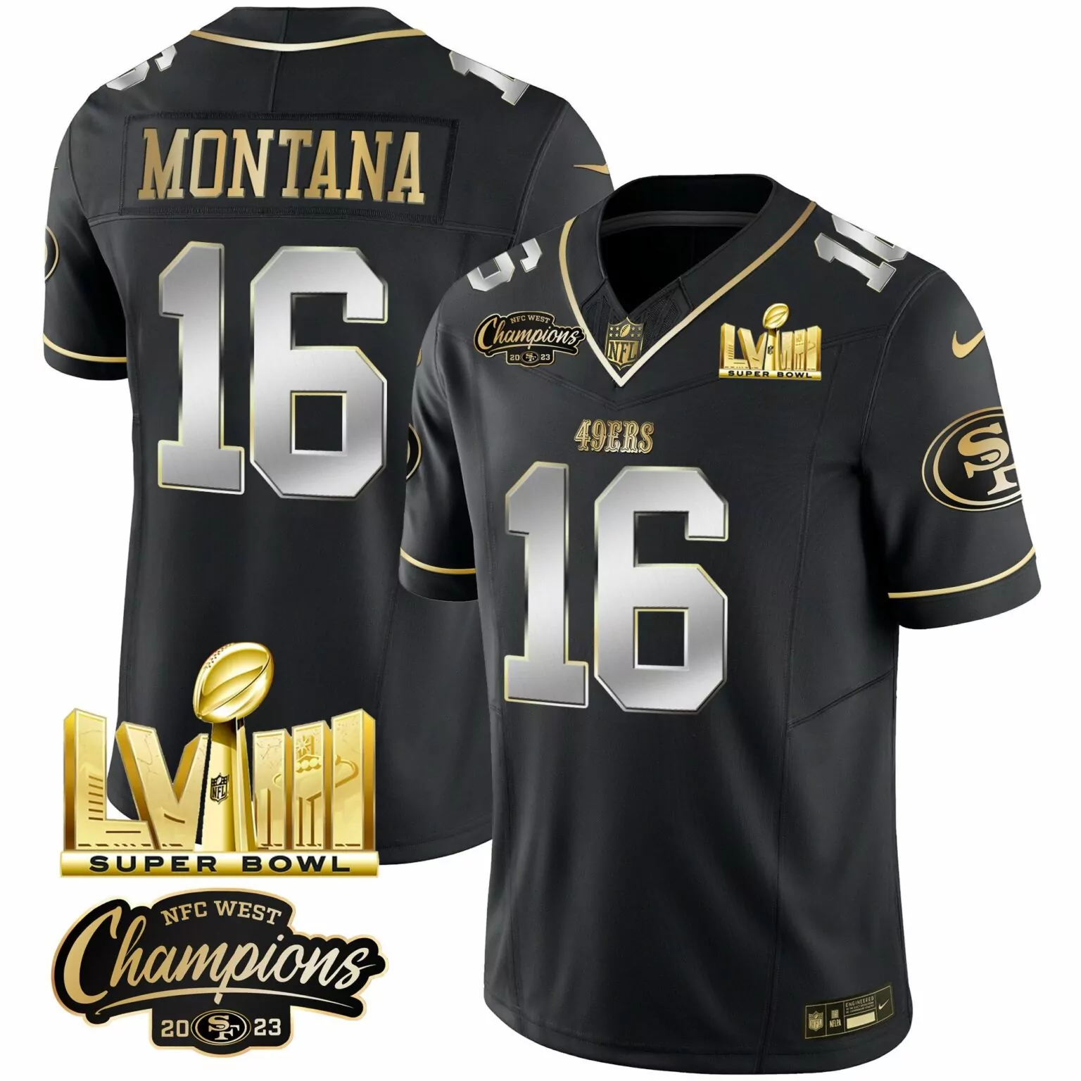 Joe Montana 16 49ERS Jersey Black Super Bowl Lviii NFC West Champions 2023 Men Gold