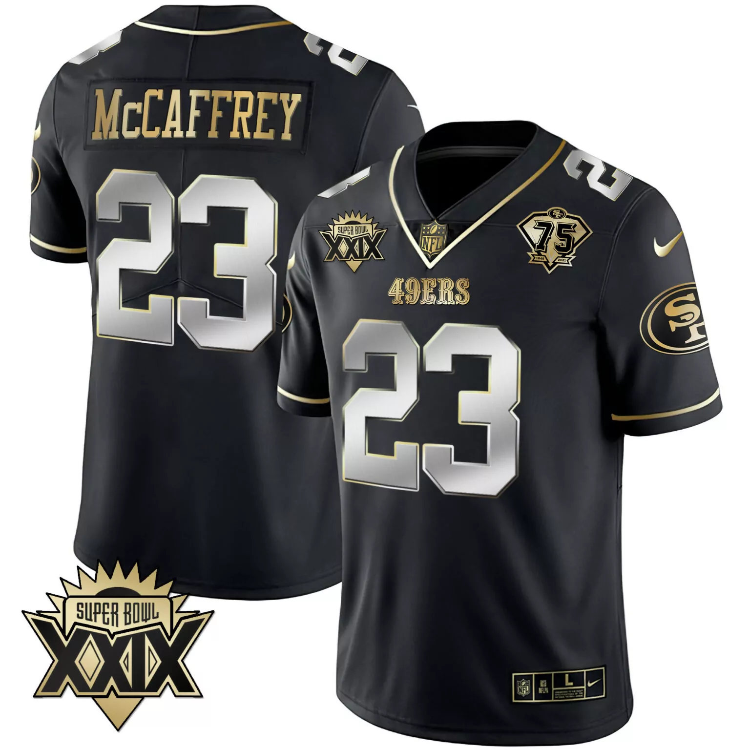 Christian Mccaffrey 23 49ERS Jersey Black Super Bowl Xxxix 75th Anniversary 1946-2021