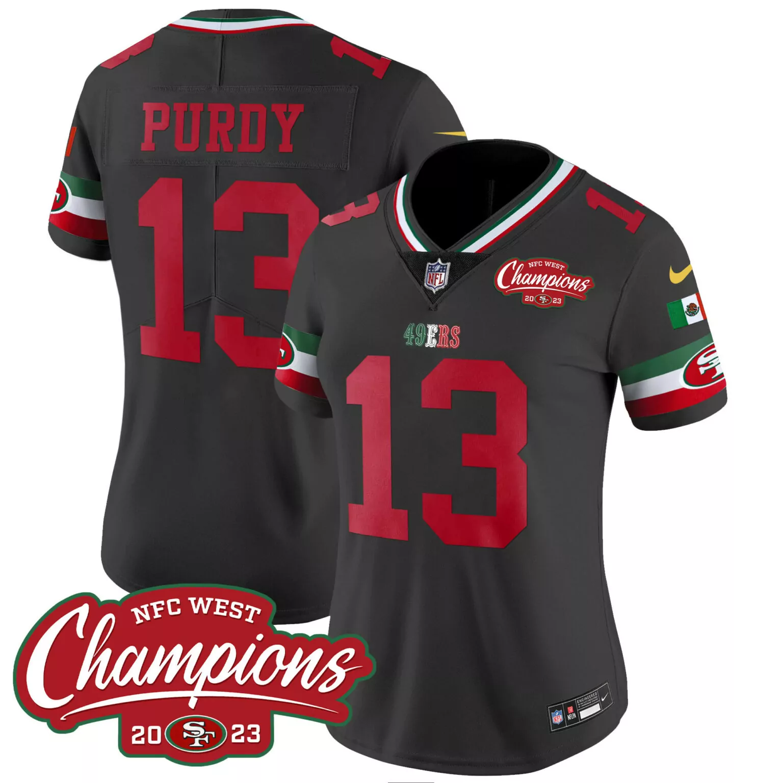 Brock Purdy 13 49ERS Jersey Black NFC West Champions 2023 Mexico Flag Men Red White