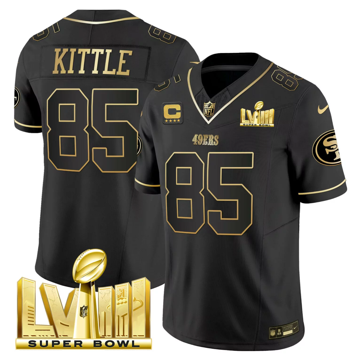 George Kittle 85 49ERS Jersey Black Super Bowl Lviii Men Player Gold v2 All Stitched